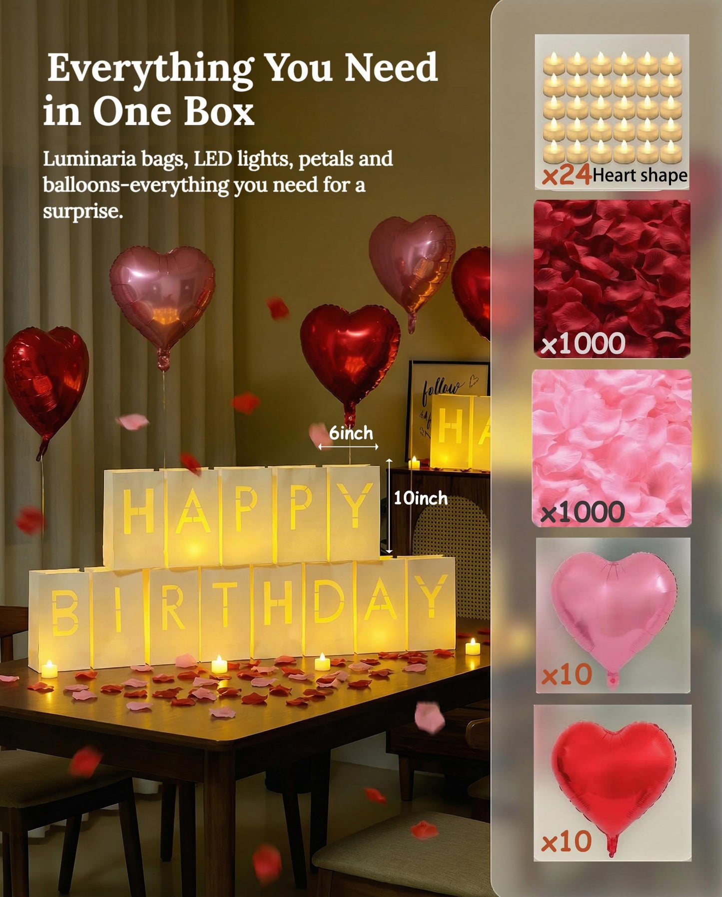 JZLiner Happy Birthday Light Up Sign Include Fake Rose Petals Led Tea Light Candles Balloons Set Room Decor for Women and Men