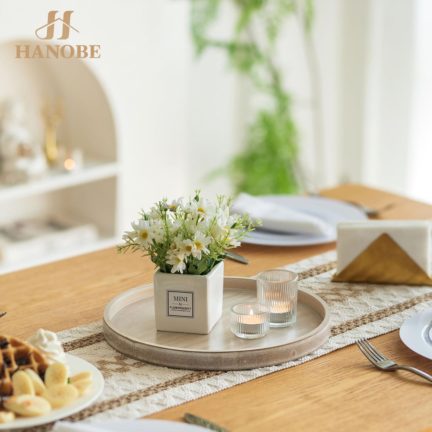 Hanobe Candle Plate Holder Tray: Whitewash Round Wood Candle Plate Decorative Centerpiece Small Tealight Pillar Trays for Living Room Dining Coffee Table Home Decor