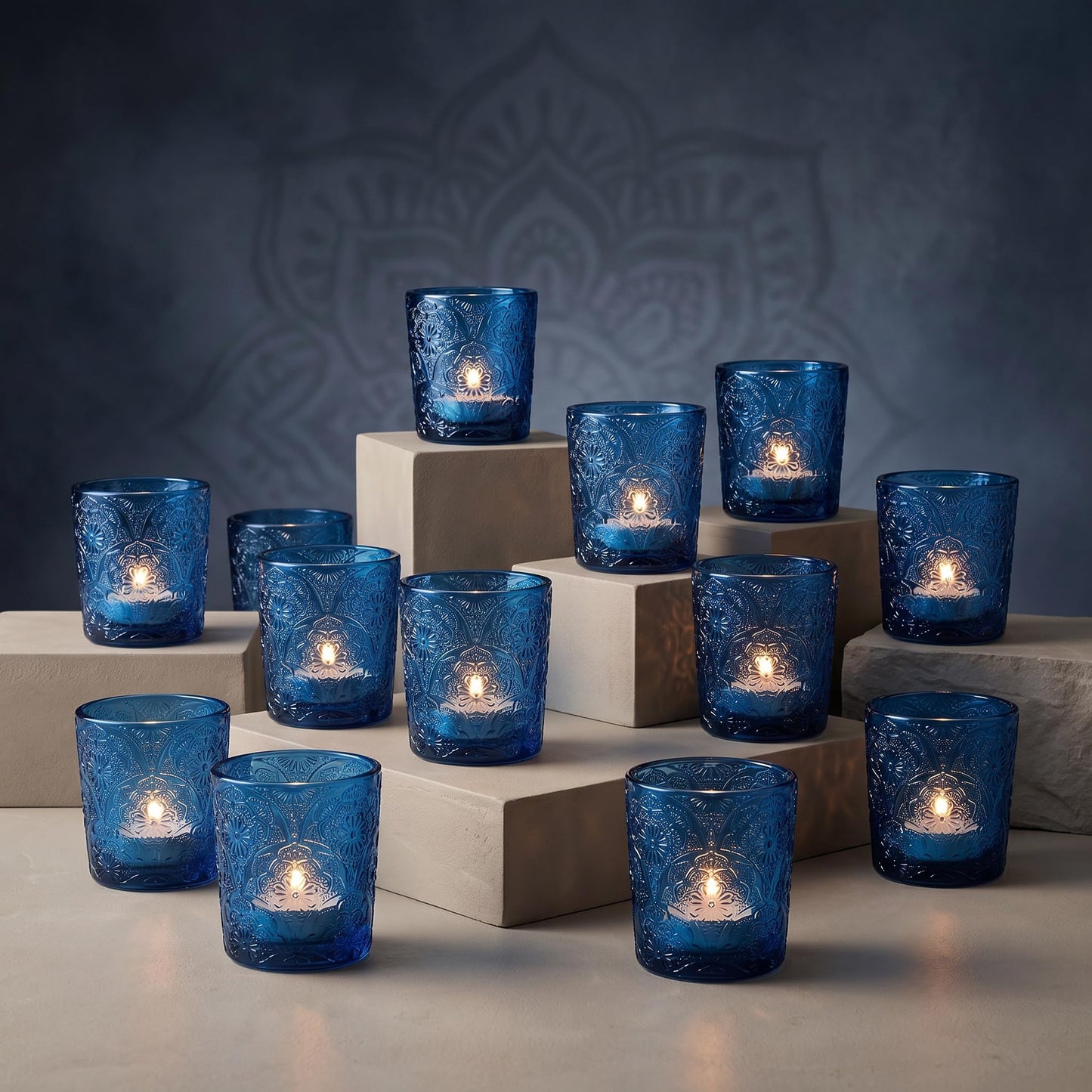 12 Pack Mandala Embossed Glass Candle Holders – Votive Tealight Holders with Patent Design, Decorative Embossed Glass Cups for Wedding Centerpieces, Parties, and Home Décor (Ocean Blue)