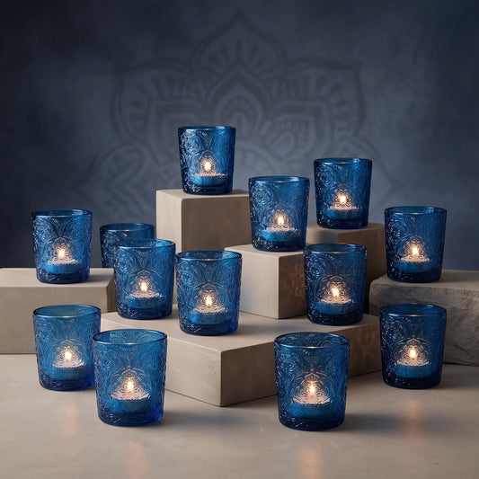 12 Pack Mandala Embossed Glass Candle Holders – Votive Tealight Holders with Patent Design, Decorative Embossed Glass Cups for Wedding Centerpieces, Parties, and Home Décor (Ocean Blue)