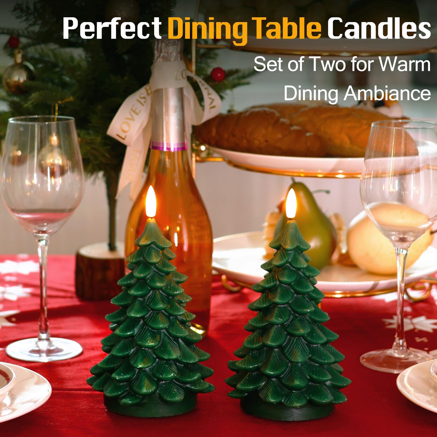 JOIONE Christmas Tree Flameless Candles with Remote Timer, Battery Operated Flickering Candles, LED Real Wax Candles for New Year Celebration, Christmas Decor, Set of 2, Green (3.15" X 7.48")