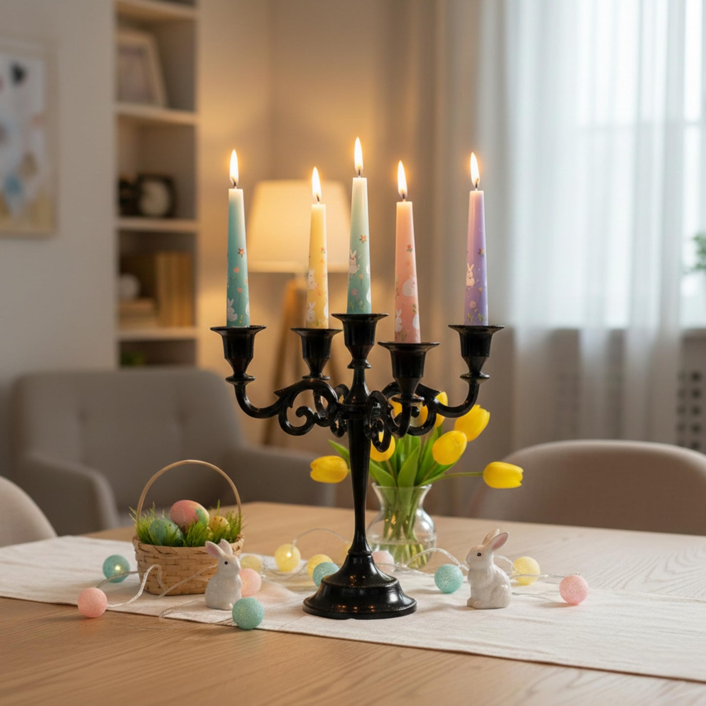 Rely+ 5 Arm Candelabra Taper Candle Holders Decorations Indoor Kitchen Décor Table Candles Candlestick Candelabra Centerpiece (Black Glossy)