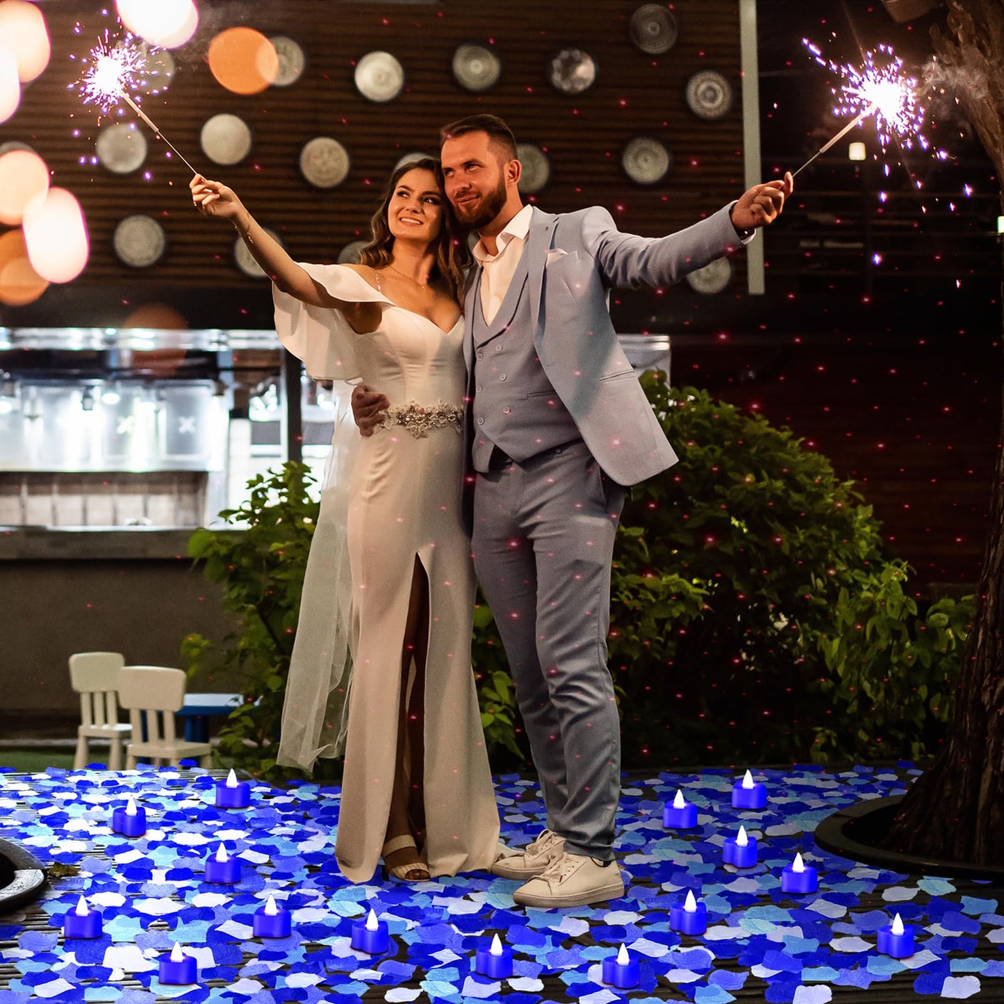 Honoson 1000 Pieces Artificial Rose Petals with 24 Pcs Flameless Heart Shaped LED Tealights Candles Special Romantic Night Decorations for Proposal Wedding Anniversary Table Decor(White with Blue)