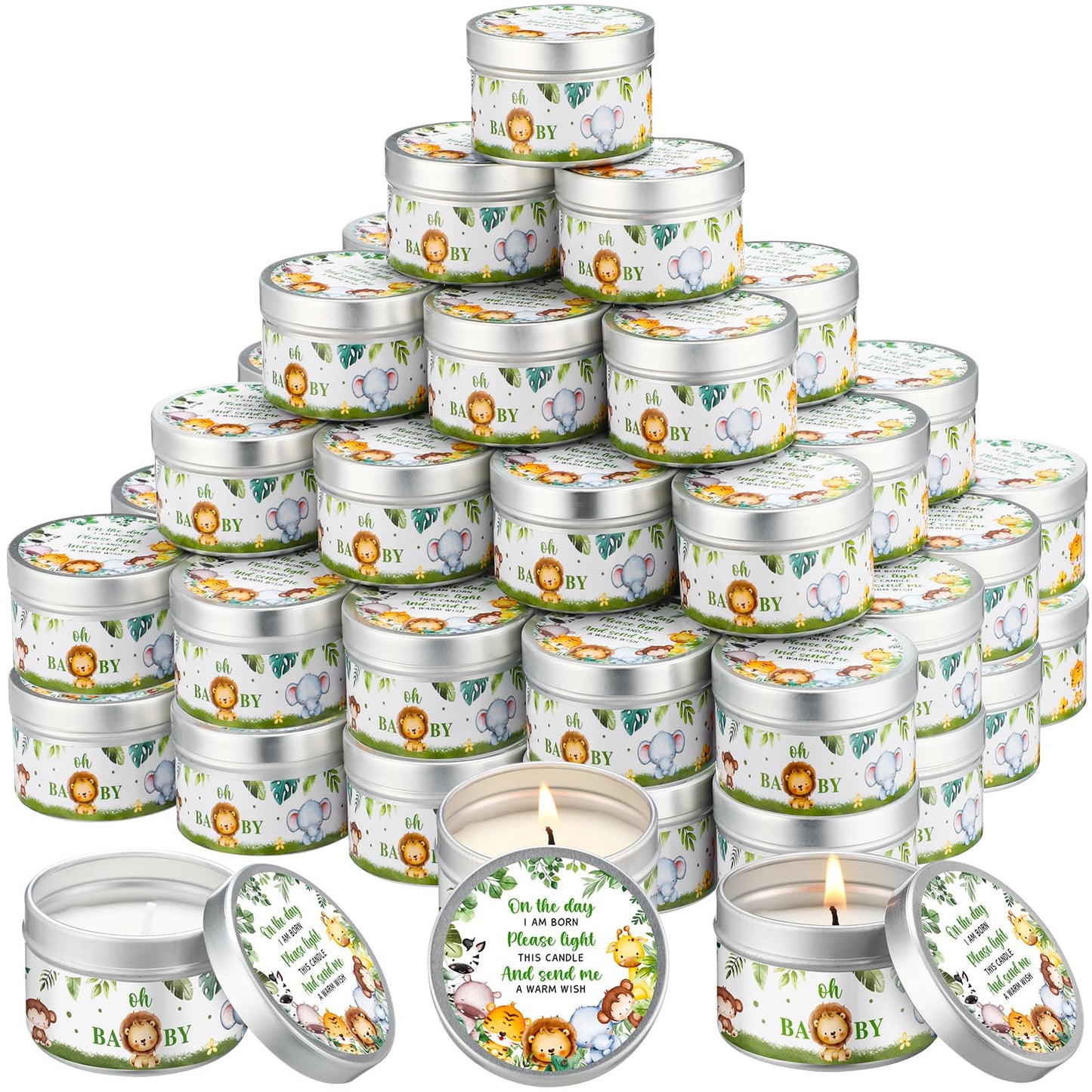 Threlaco 50 Pcs Baby Shower Party Favors Candles Lavender Scented Gender Reveal Candles Bulk for Party Favors Baby Shower Rustic Return Gifts(Jungle Animals)