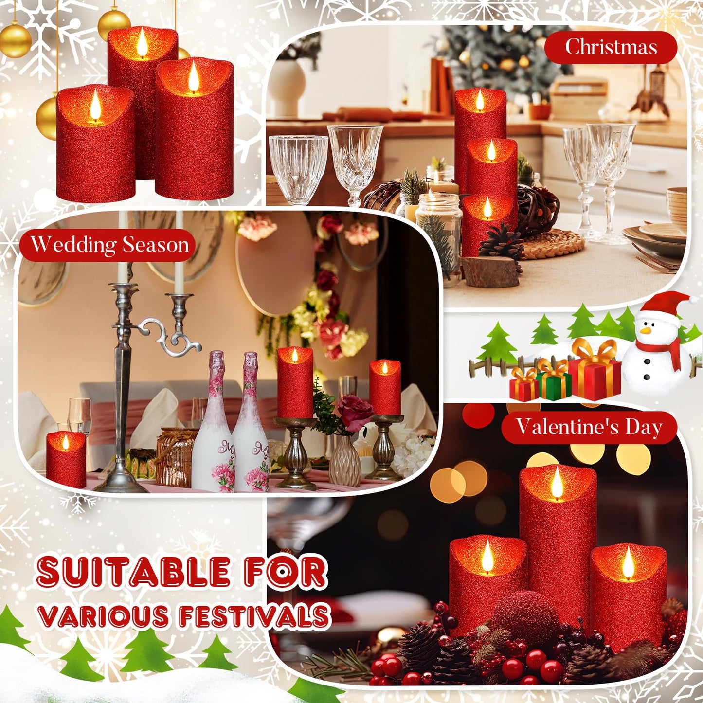 Retisee Set of 3 Valentines Glitter Flameless Candles, 4" 5" 6" Burgundy Red Operated Battery Pillar Candles Flickering Real Wax LED Candle with Remote and Timer for Valentines Home Table Centerpiece