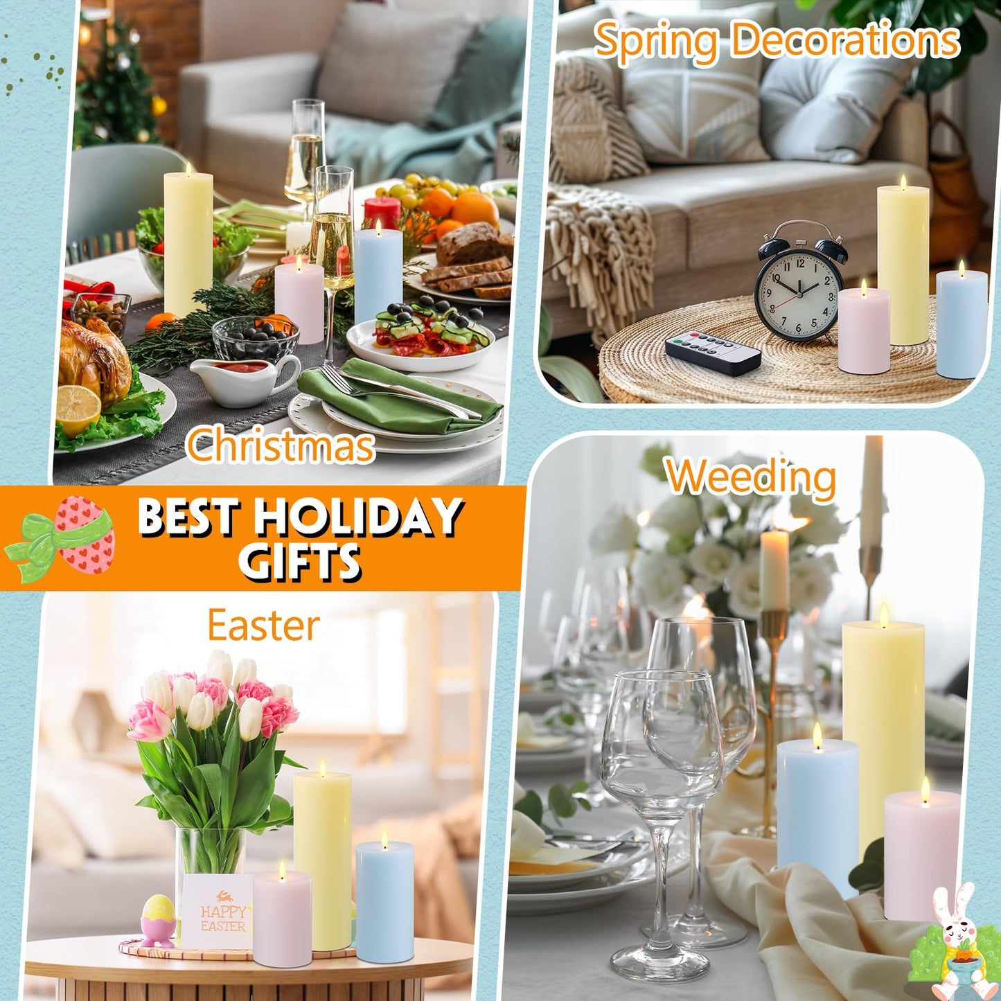 Retisee 3 Pcs Easter Large Flameless LED Battery Operated Candles with Remote and Timer Real Wax Candles for Indoor Outdoor Party Wedding Lights Decorations, Yellow, Pink, Blue