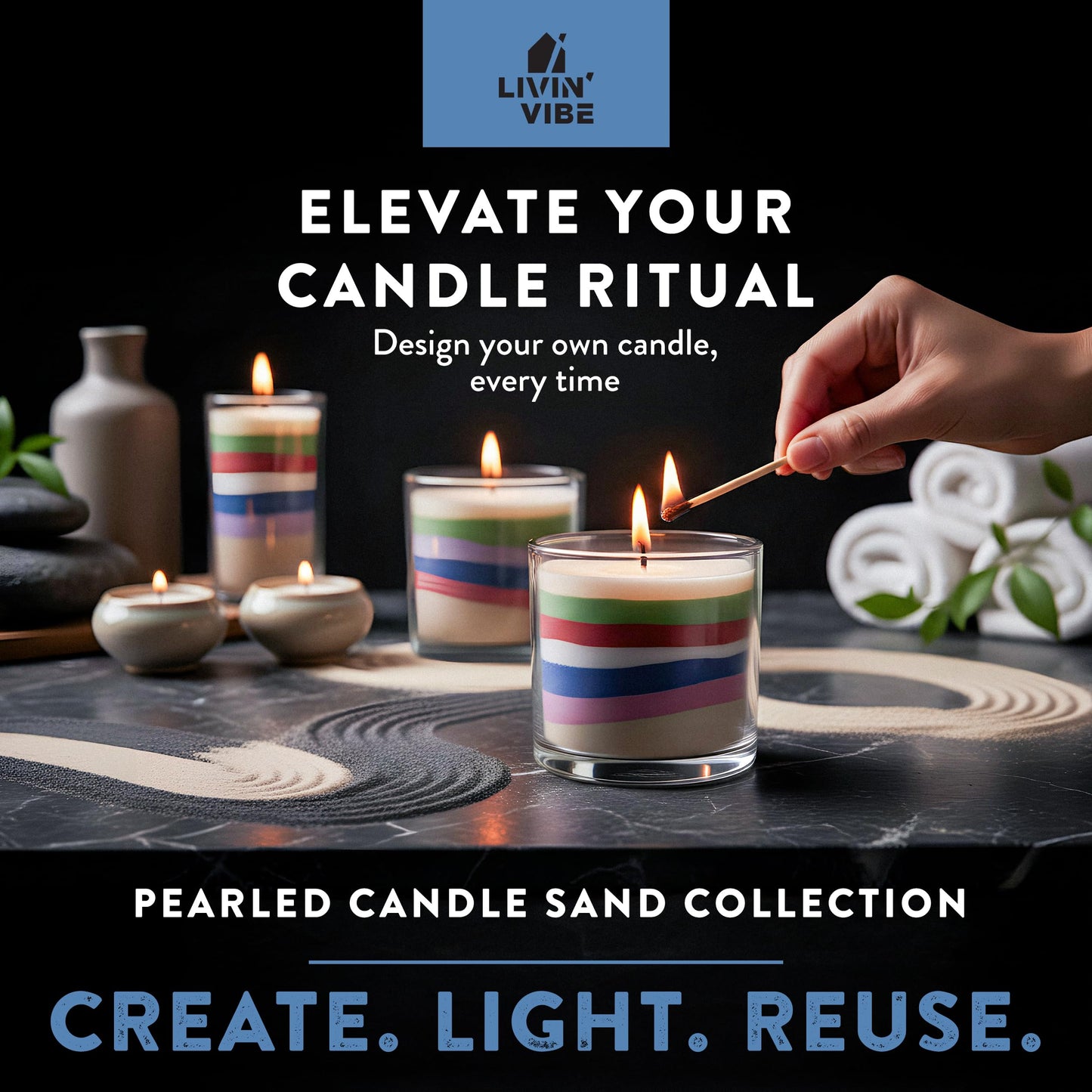 LIVINVIBE Pearled Candle Sand 10.5 oz (300g) – Midnight Ocean Scented Candle, Dark Blue Color, Relaxing Aromatherapy, Home Decor, Stress Relief, Long-Lasting Burn