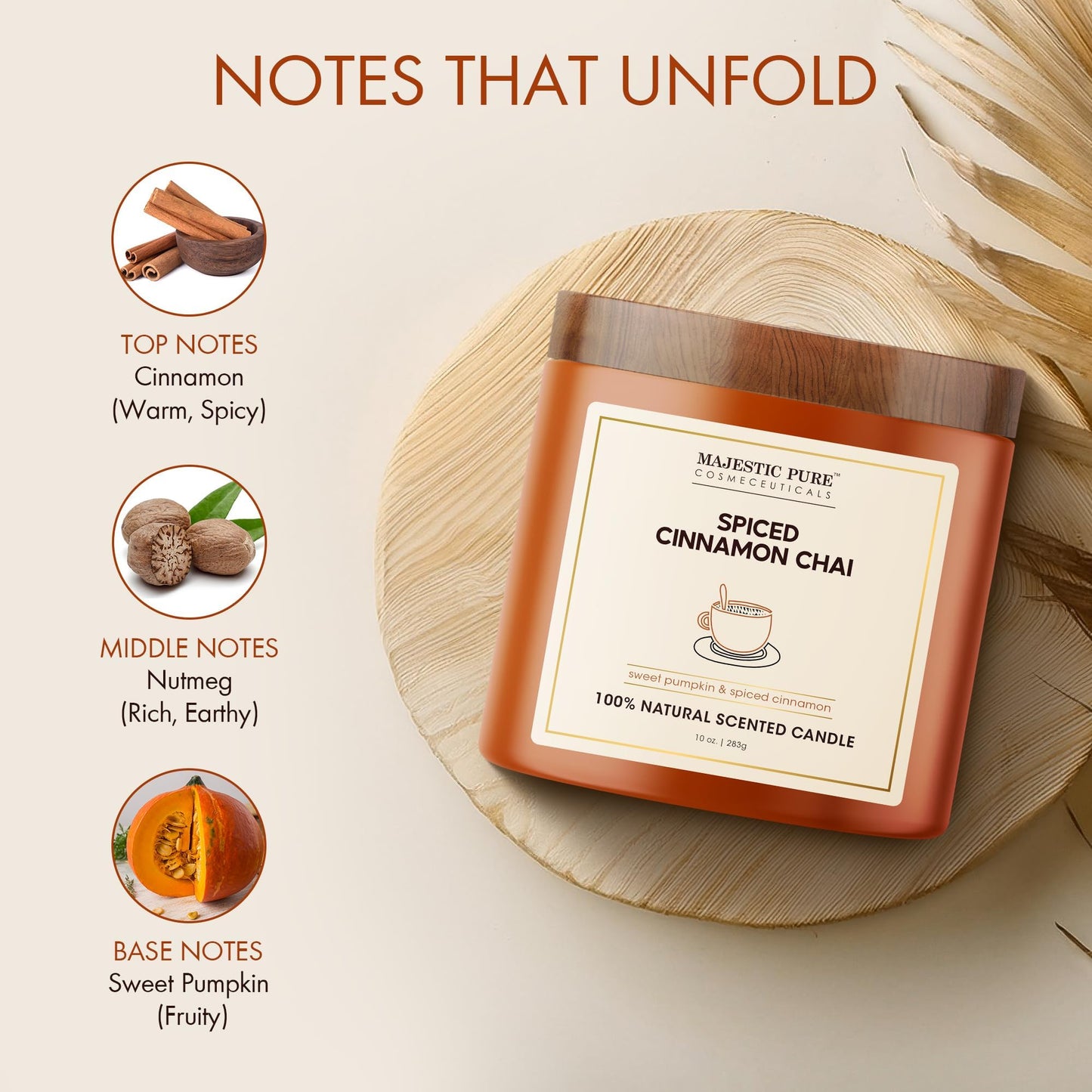Majestic Pure Pumpkin Cinnamon Scented Candle with Upto 45+ Hrs Burn Time, 2-Wick Candle, Soy Wax Blend for Cleaner Consistent Burn, 10 oz Jar Candle with Room Filling Fragrance, Spiced Chai
