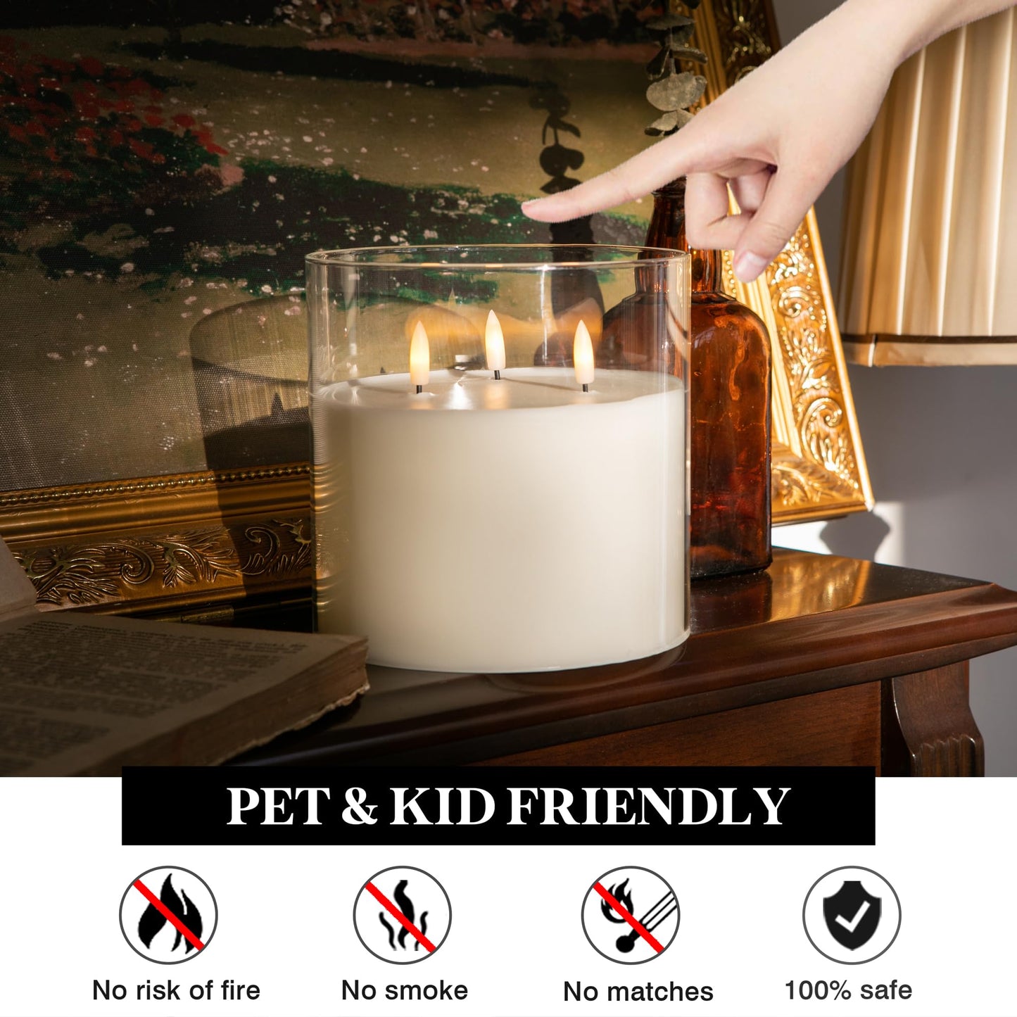 AFINETH Extra Large Flameless Candles with 3 Wicks, 6"x6" Glass Battery Operated Candles with Remote, Real Wax Flickering LED Candles Fake Candle for Home, Wedding, Party, Clear