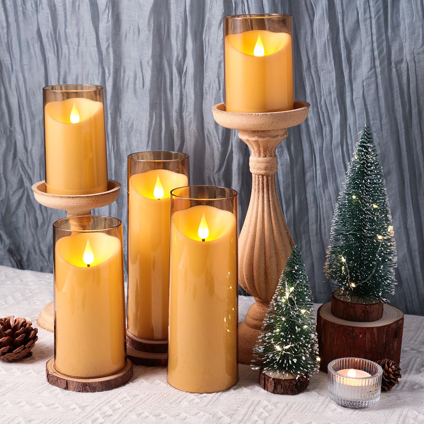 NURADA Flickering Flameless Candles: Acrylic LED Pillar Candles Battery Operated with Remote and Timer for Romantic Ambiance and Home Table Bathroom Decor, Gold, Pack of 5