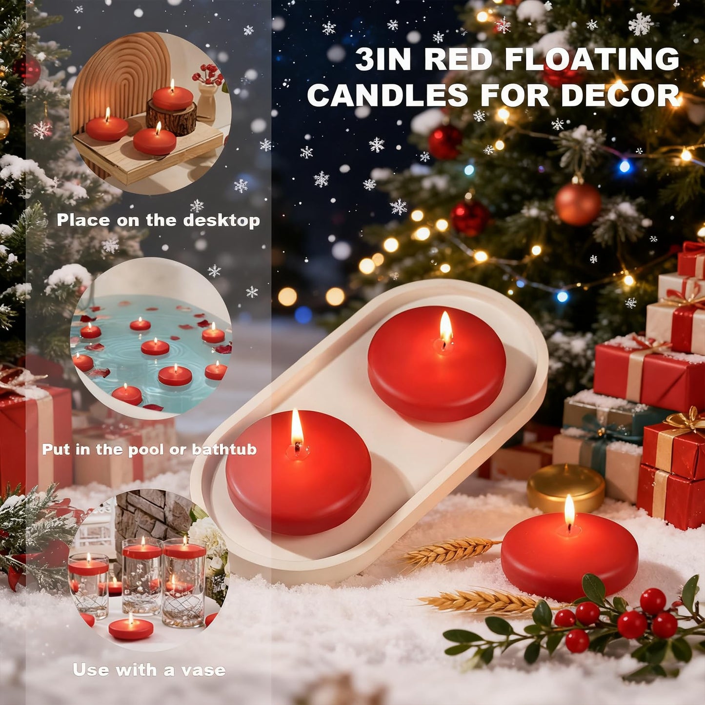 GINITIRI 12 Pack Red Floating Candles 3 inch, Unscented Traditional 3" Floating Candles for Centerpieces,7 Hours Burning, Red Water Candles for Cylinder Vases, Wedding, Party, Pool