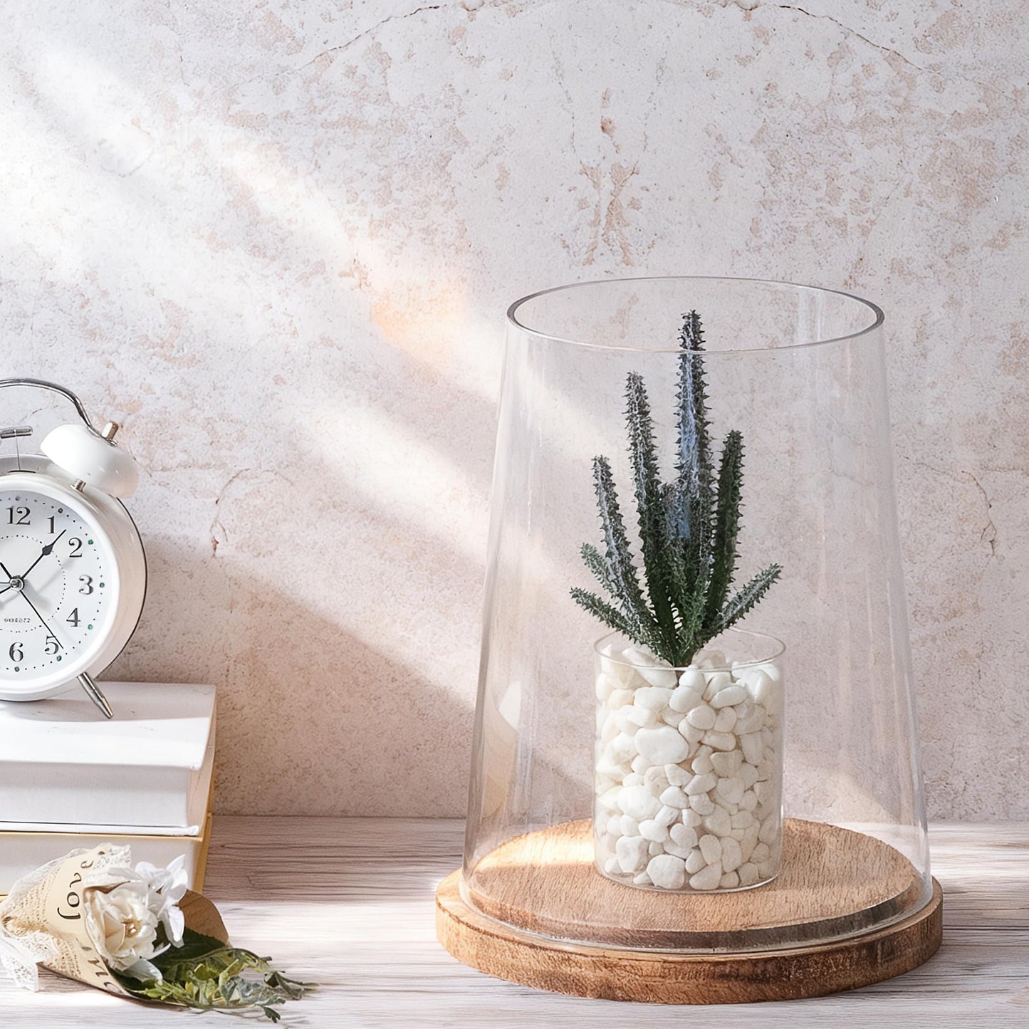 8" Wide Glass Hurricane Candle Holders with Handmade Sturdy Glass Sleeves and Vintage Natural Wood Base for Pillar Candle & Plants, Industrial, Farmhouse, Display Cloche Bell Jars, Table Centerpiece