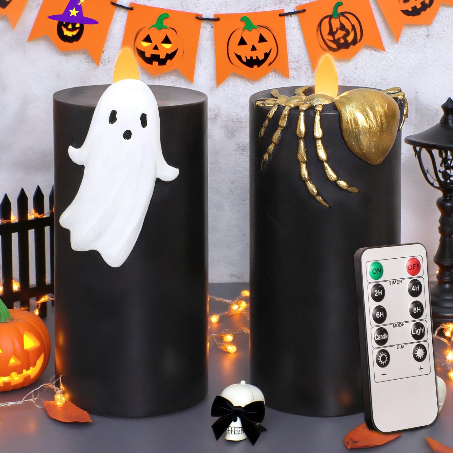 Silverstro Halloween Flameless Candles with Remote & Timer, Real Wax Hand-Carved Painted Ghost Spider LED Candles for Home Party Haunted House Horror Theme Halloween Decor, 3" x 7" Set of 2