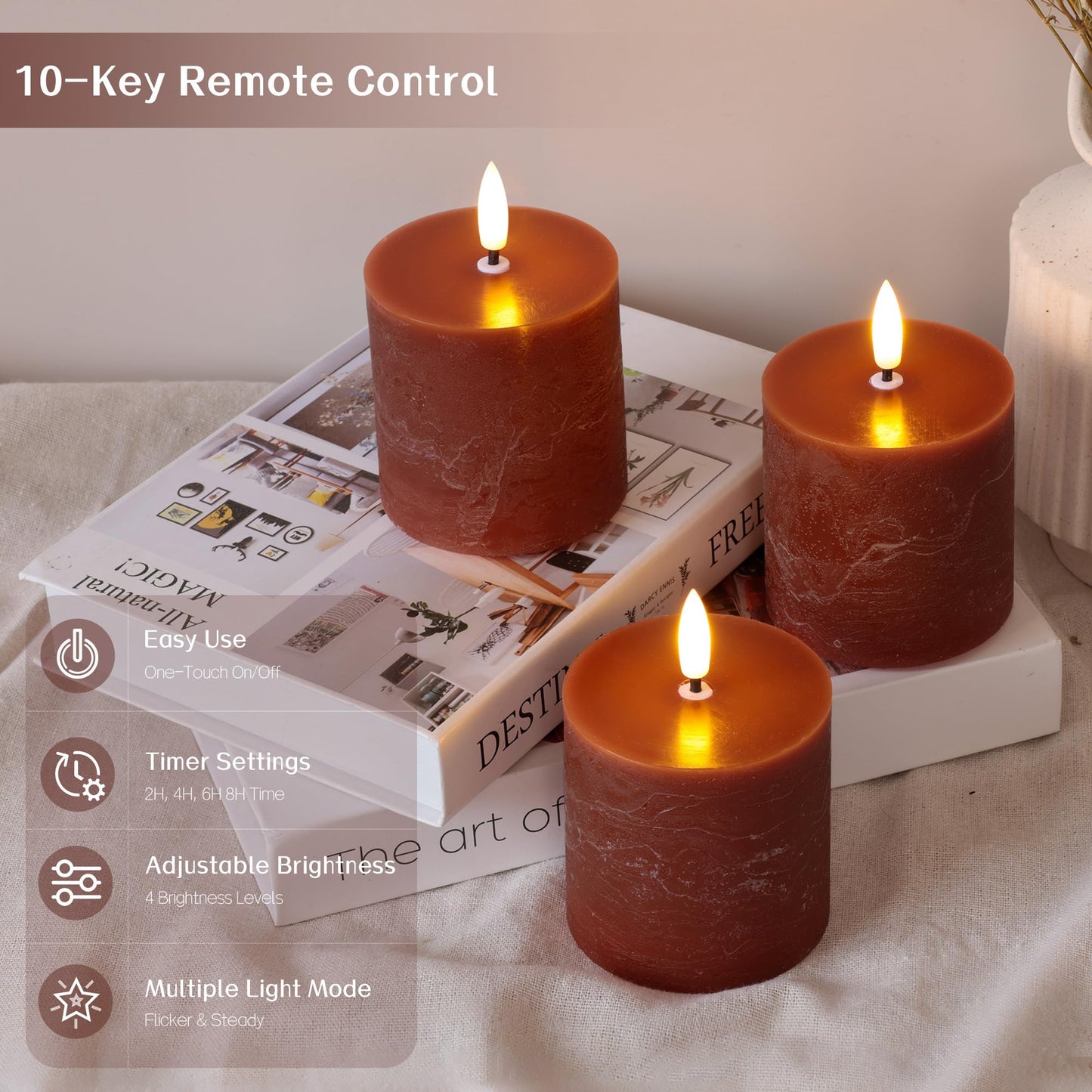 Brown Flameless Pillar Candles with Remote, Real Wax LED Candles Set of 3 (3x3Inch), 3D Flickering Flame, Battery Operated Candles with Timer for Home Decor, Table Centerpiece, Farmhouse Fall Decor