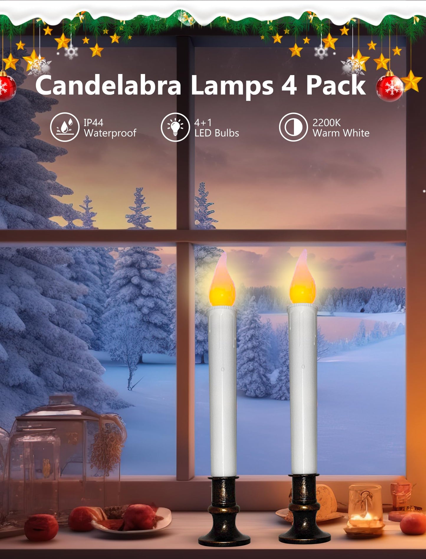 4 Pcs Christmas Window Candles with Timer, 9’’ LED Battery Operated Window Candle Lights with Flickering Flameless Flame, LED Candlesticks for Holiday Christmas Window Table Home Decor-Bronze Base