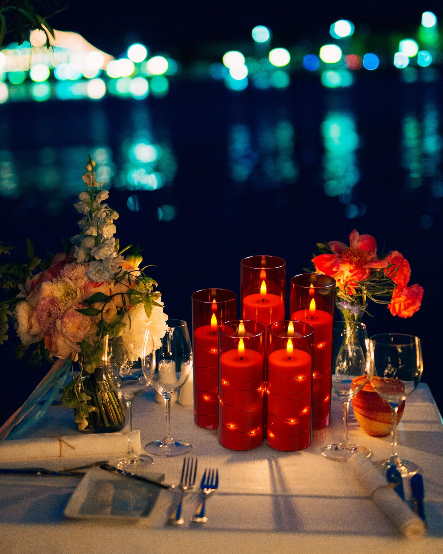 Da by 5 Pack Red Transparent Acrylic Flameless Taper Candles, Flickering Black Wick LED Candles with Copper Wire Lights, Heat Resistant ABS Candles with Remote for Indoor Outdoor Decor
