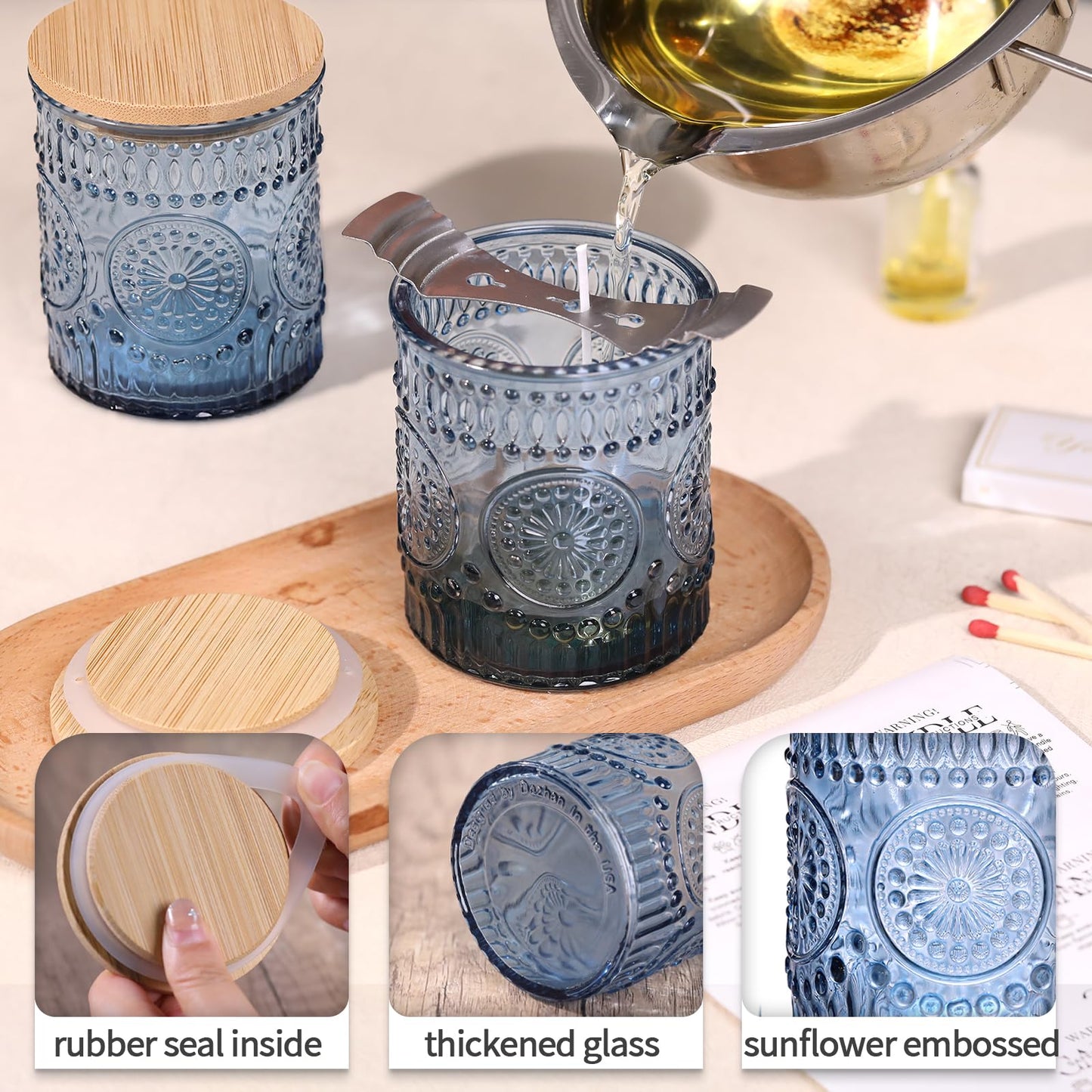 DARJEN 10 Pack Blue Candle Jars for Making Candles- 7.5 OZ Empty Glass Candle Making Jars with Bamboo Lids and Labels, Candle Making Supplies Candle Containers for DIY Gifts