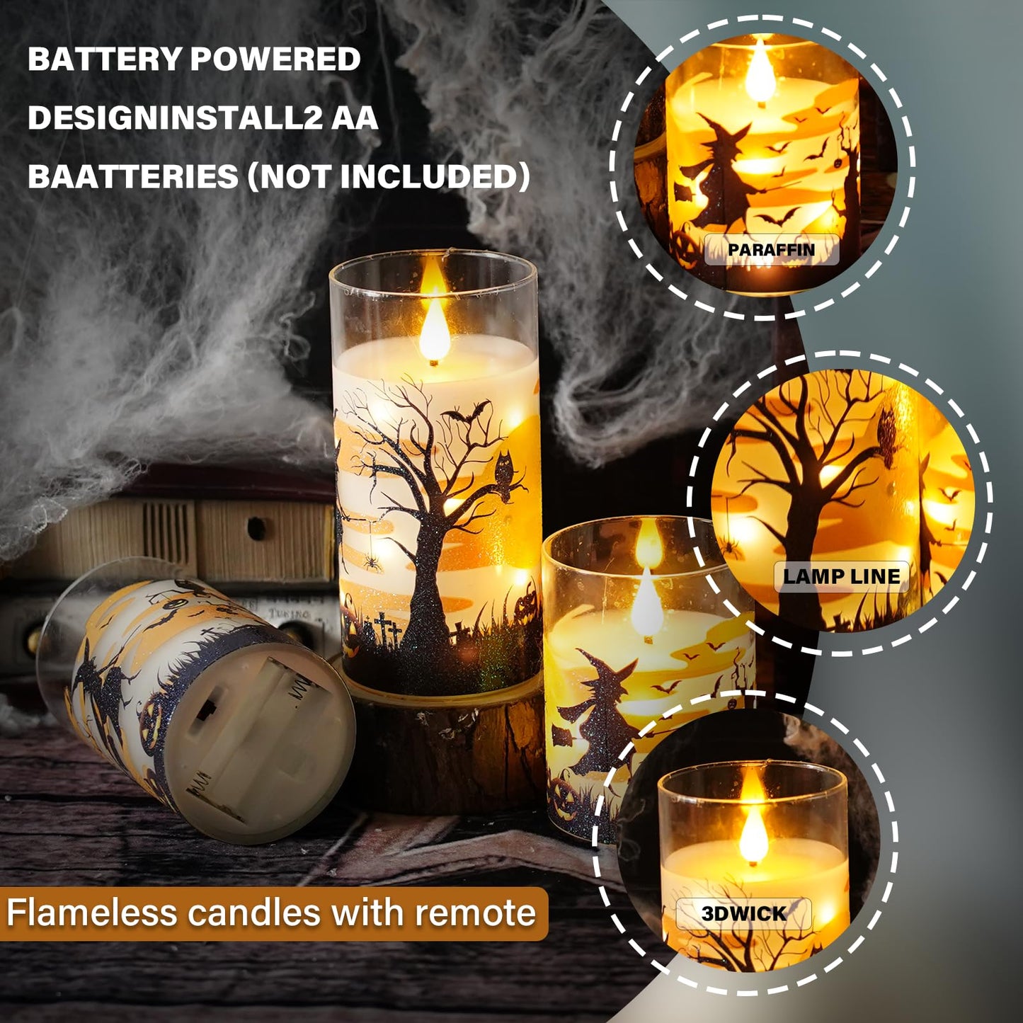 JINYANIA Flameless Candles Real Wax Realistic Halloween Candles with Glass Shell, Battery Operated LED Pillar Candle with Remote Timer, Ideal for Halloween Home Decor（D 3"*H 4" 5" 6" ）