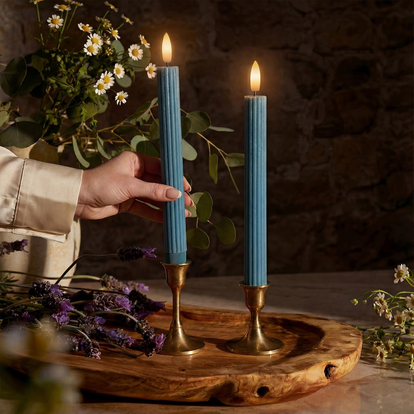 West Ivory 6 Pack, 10" LED Flameless Blue Fluted Ribbed Grooved Taper Candles, Remote & 24h Timer Memory, On/Off Button, Dimmable, Flicker Mode, Battery Operated, Christmas Menorah Wedding