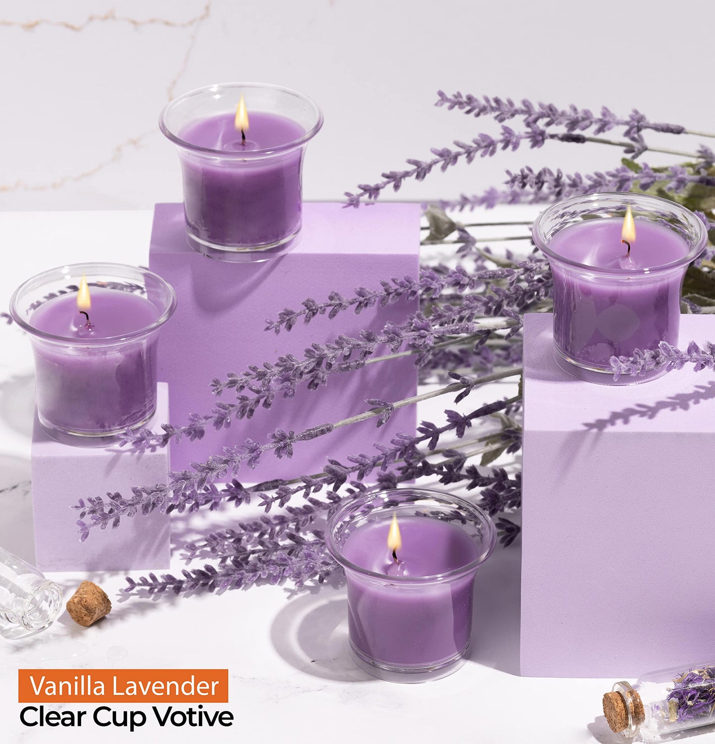 HYOOLA Clear Cup Scented Votive Candles - Vanilla Lavender - 12 Hour Burn Time - 4 Pack - European Made