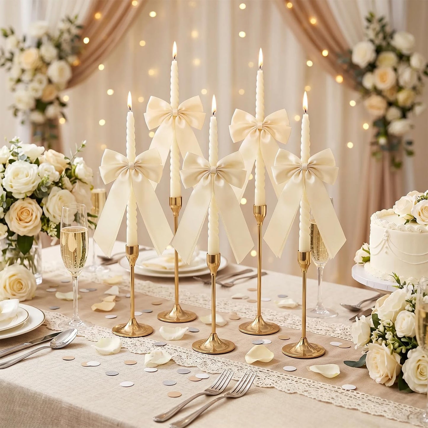 Whaline 8Pcs Spiral Taper Candles with Ribbon Bow Decor Dripless Twisted Wax Candles 10 Inch Long Unscented Candle Sticks for Coquette Bachelorette Bridal Wedding Party (Ivory White)