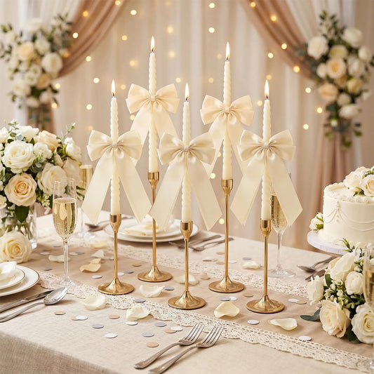 Whaline 8Pcs Spiral Taper Candles with Ribbon Bow Decor Dripless Twisted Wax Candles 10 Inch Long Unscented Candle Sticks for Coquette Bachelorette Bridal Wedding Party (Ivory White)