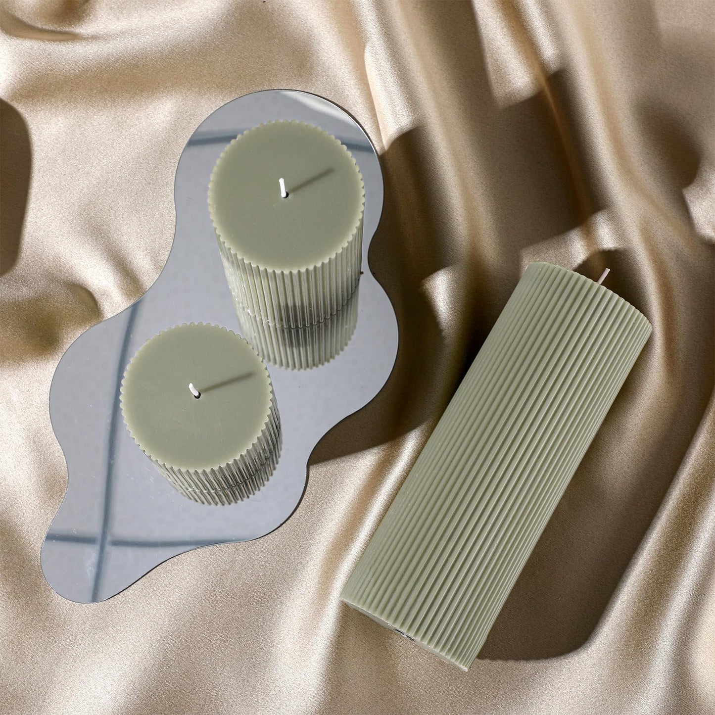 Conelist Ribbed Pillar Candles Set of 3, Width 3" High 4" 6" 8" Large Soy Wax Orchids Scented Pillar Candles Aesthetic Ribbed Modern Home Decor for Bathroom Living Room(Bean Green)