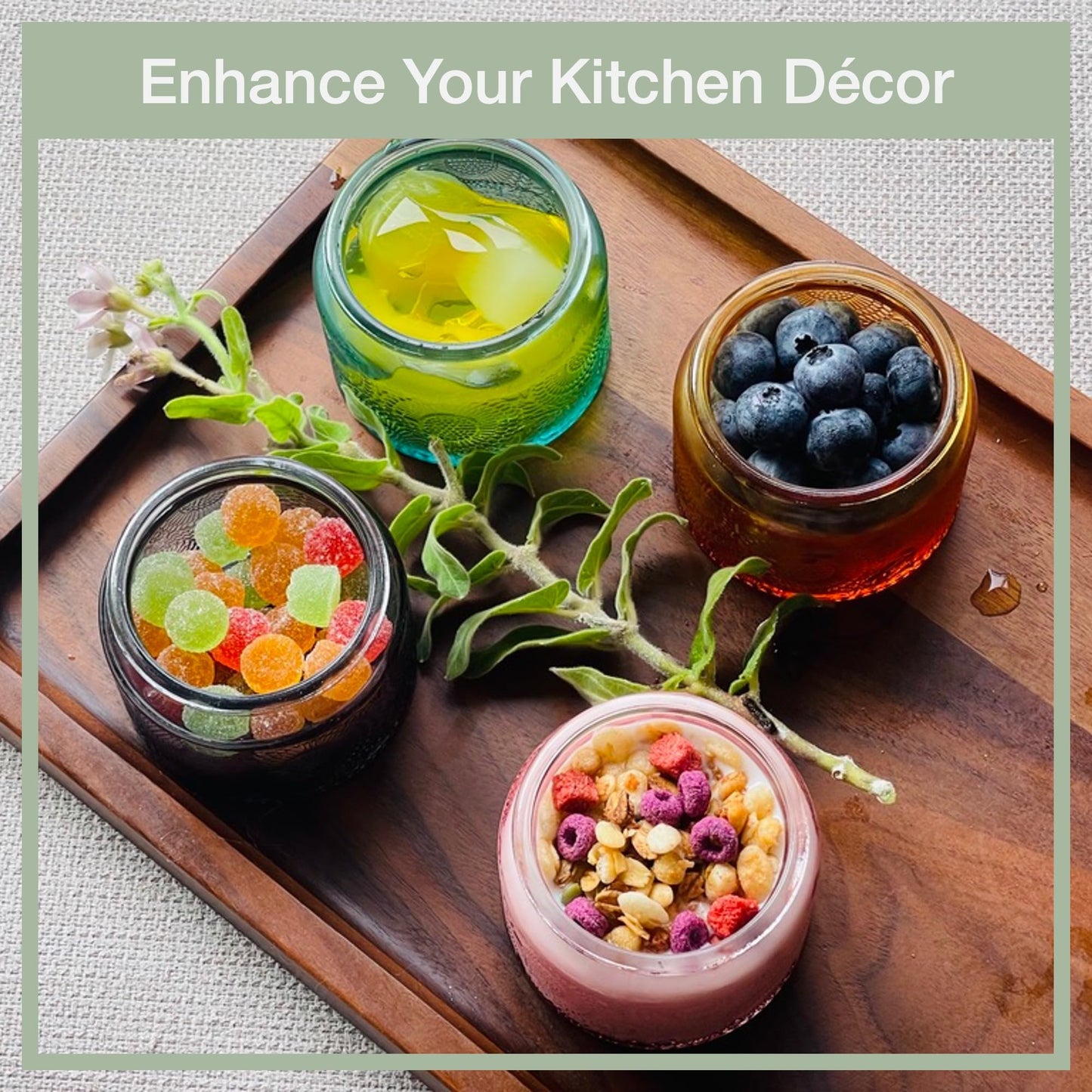 LINGSHINE 4 oz Decorative Mini Glass Jars with Bamboo Lids (24 pack, 4 Colors)