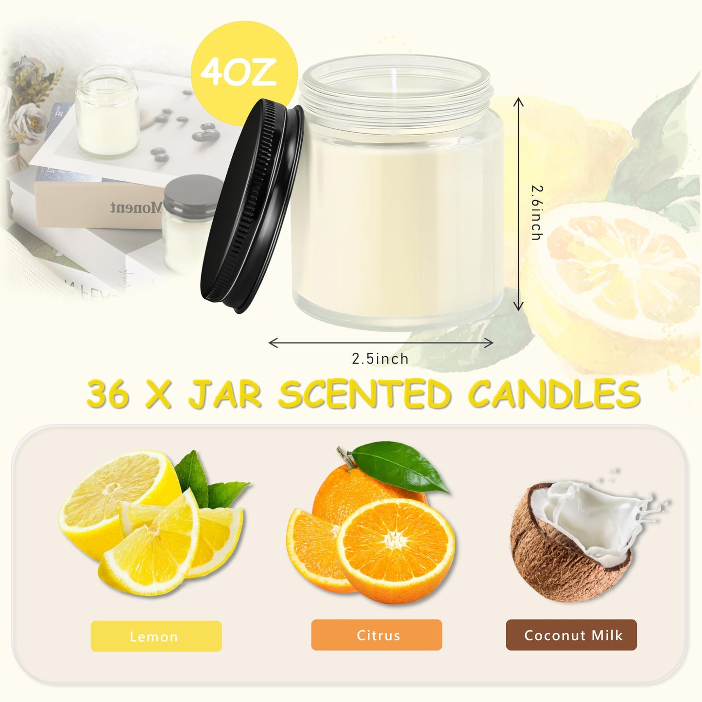ACITHGL 36 Pcs 4oz Mini Mason Jar Candles Small Scented Candles Bulk Aromatherapy Ideal Souvenir Favors for Wedding Birthday Party (Lemon, Citrus, Coconut Milk, Black)