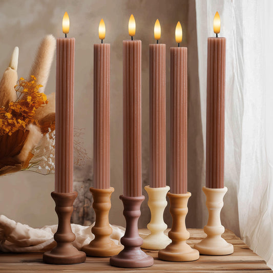 West Ivory 12 Pack, 10" LED Flameless Brown Tan Fluted Ribbed Grooved Taper Candles w/ 2 Remotes & 24h Timer Memory, On/Off Button, Dimmable, Flicker Mode, Battery Operated, Christmas Menorah Wedding