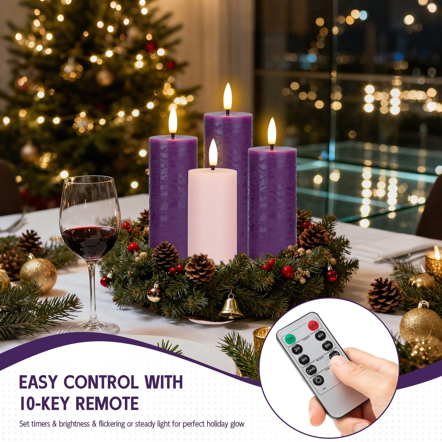 AFINETH Flameless Advent Candles Set of 4, Real Wax Advent Pillar Candles Battery Operated 9.6", Purple and Pink Christmas LED Candle for Wreath, Christ, Home, Church, Catholic Decoration