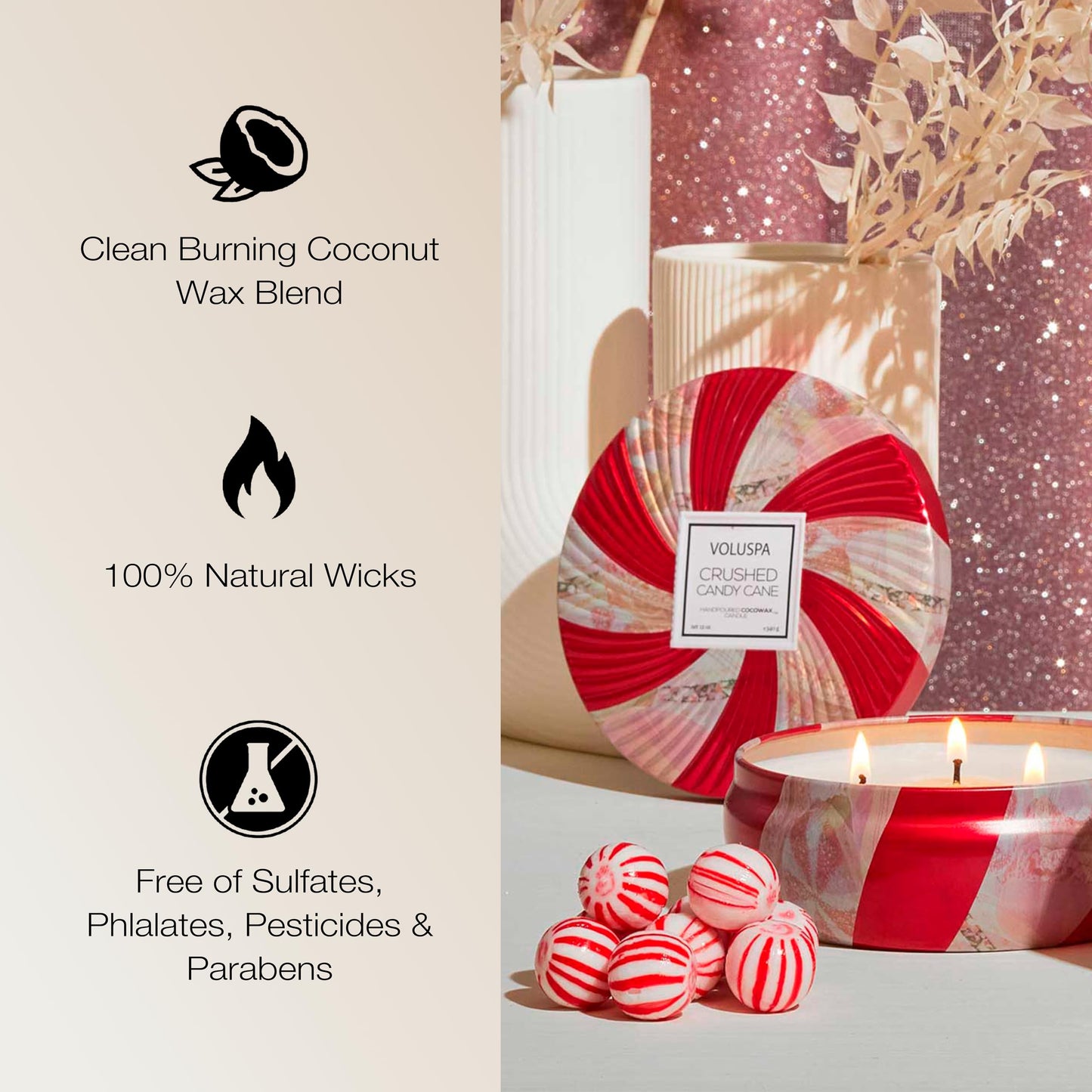 Voluspa Crushed Candy Cane, 3 Wick Tin Candle, 12 oz, 40 Hour Burn Time, Coconut Wax for Clean Burning, Handcrafted in the USA