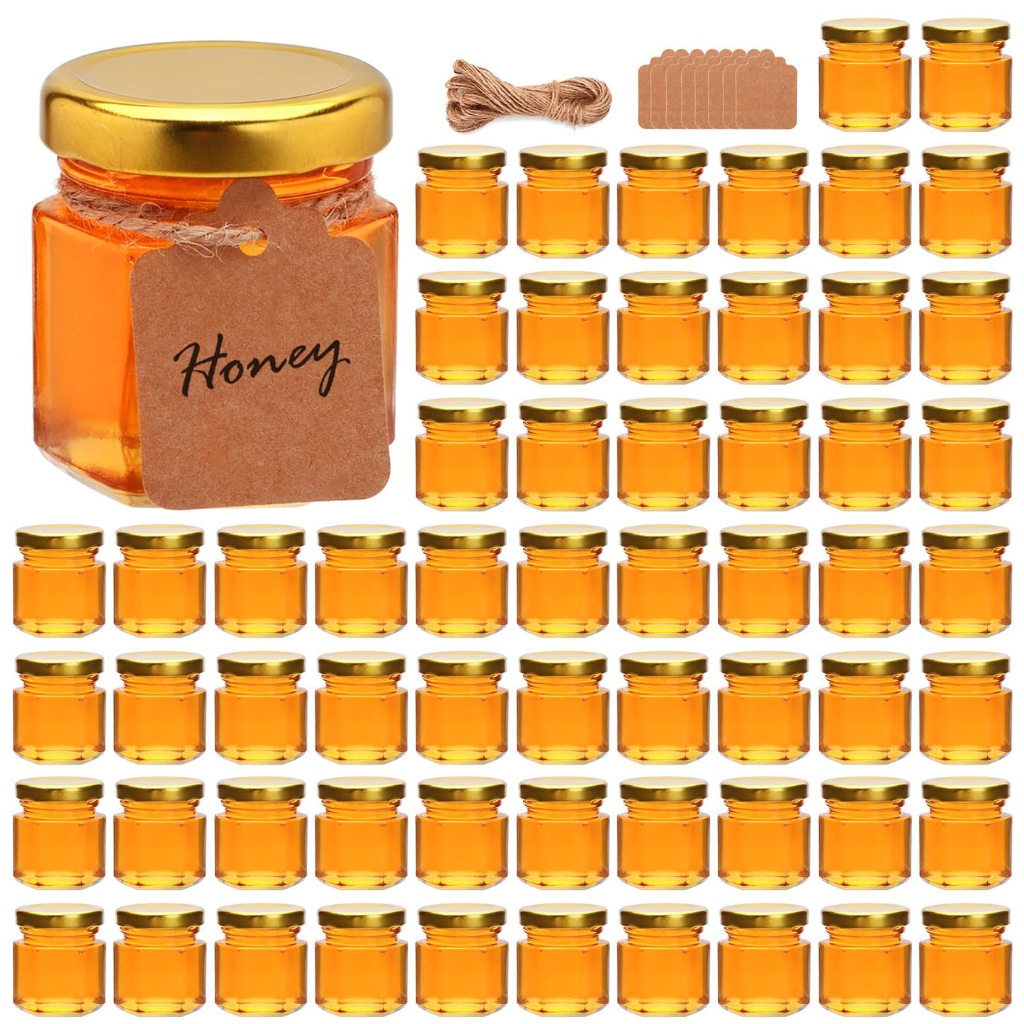 Encheng 60 Pack Small Glass Honey Jar with Lid, 1.5 oz Mini Mason Jars for Party Favor, Wedding Favor, Baby Shower, Hexagonal Honey Containers for Jam, Spices, Herbs, Candy, Sample, Candle, Crafts
