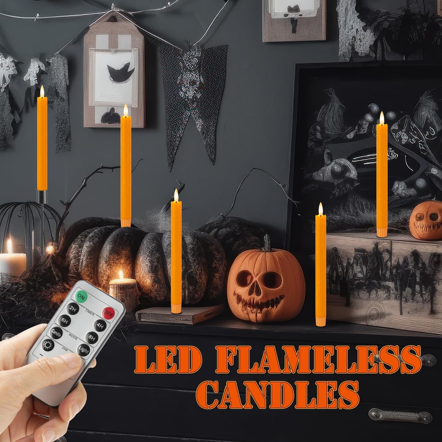 AFINETH Orange Flameless Taper Candles, 9.6" Fall Candles with Remote, Real Wax Battery Operated Candlesticks Flickering, Flameless Led Candle for Fall, Thanksgiving, Harvest, Halloween Decor, 6 Pack