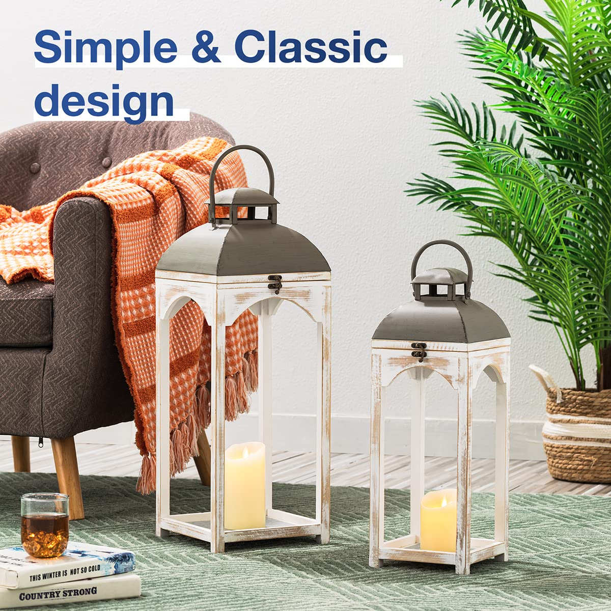 Glitzhome Lanterns Decorative Indoor, 2 Pack Mondern Farmhouse Candle Lanterns,Wooden Hanging Lanterns with Metal Top Floor Candle Lanterns for Home Décor, Weddings, Parties, Holiday (No Glass)