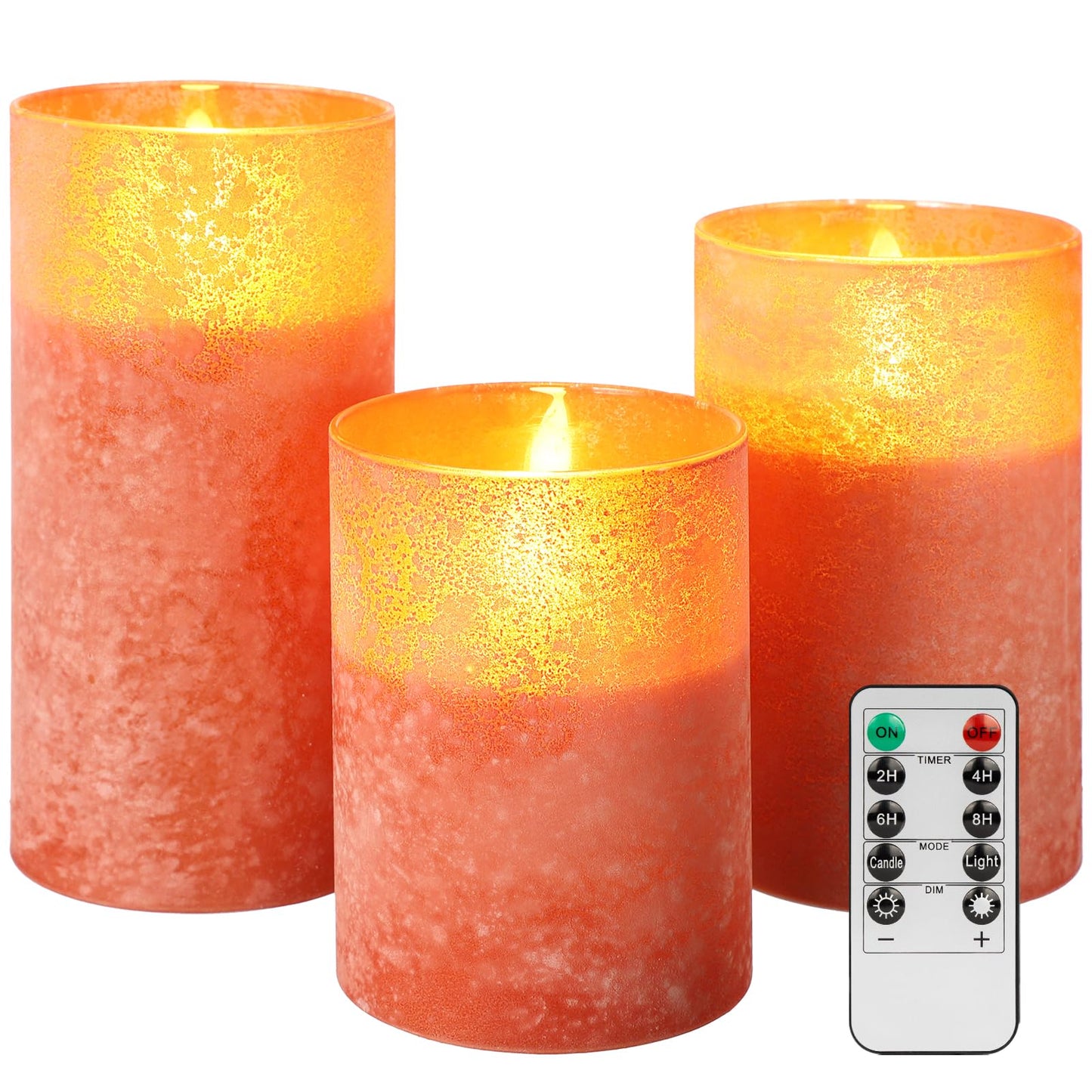 Flickering Flameless Candles - Sandblast Glass Battery Operated with Remote and 2/4/6/8 H Timer, Set of 3 LED Pillar Candles (D3"xH 4"5"6")with Realistic Wax Candles for Home Decor (Sandblast Orange)