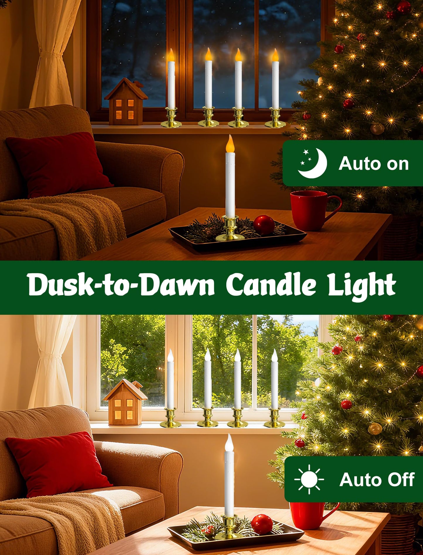 Pallerina 4-Pack Flameless Window Candles Battery Operated with Timer,3D Flickering Flame, Battery Operated LED Candlesticks with Suction Cups for Christmas Holiday Home Window Decor