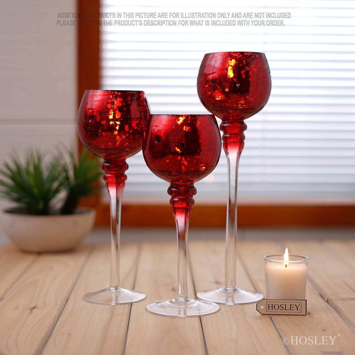 Hosley Set of 3 Crackle Red Glass Tealight Holders - 12 Inch, 10 Inch, 9 Inch Ideal for Weddings Special Events Parties Also Makes a Great Gift