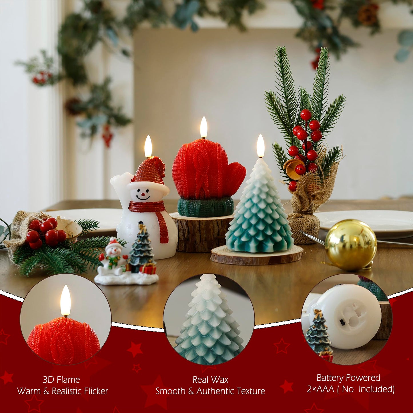 AFINETH Christmas Flameless Candles with Remote, Real Wax Battery Operated Christmas Candles, Flickering Xmas LED Candles for Table Home Party Decor, Set of 3