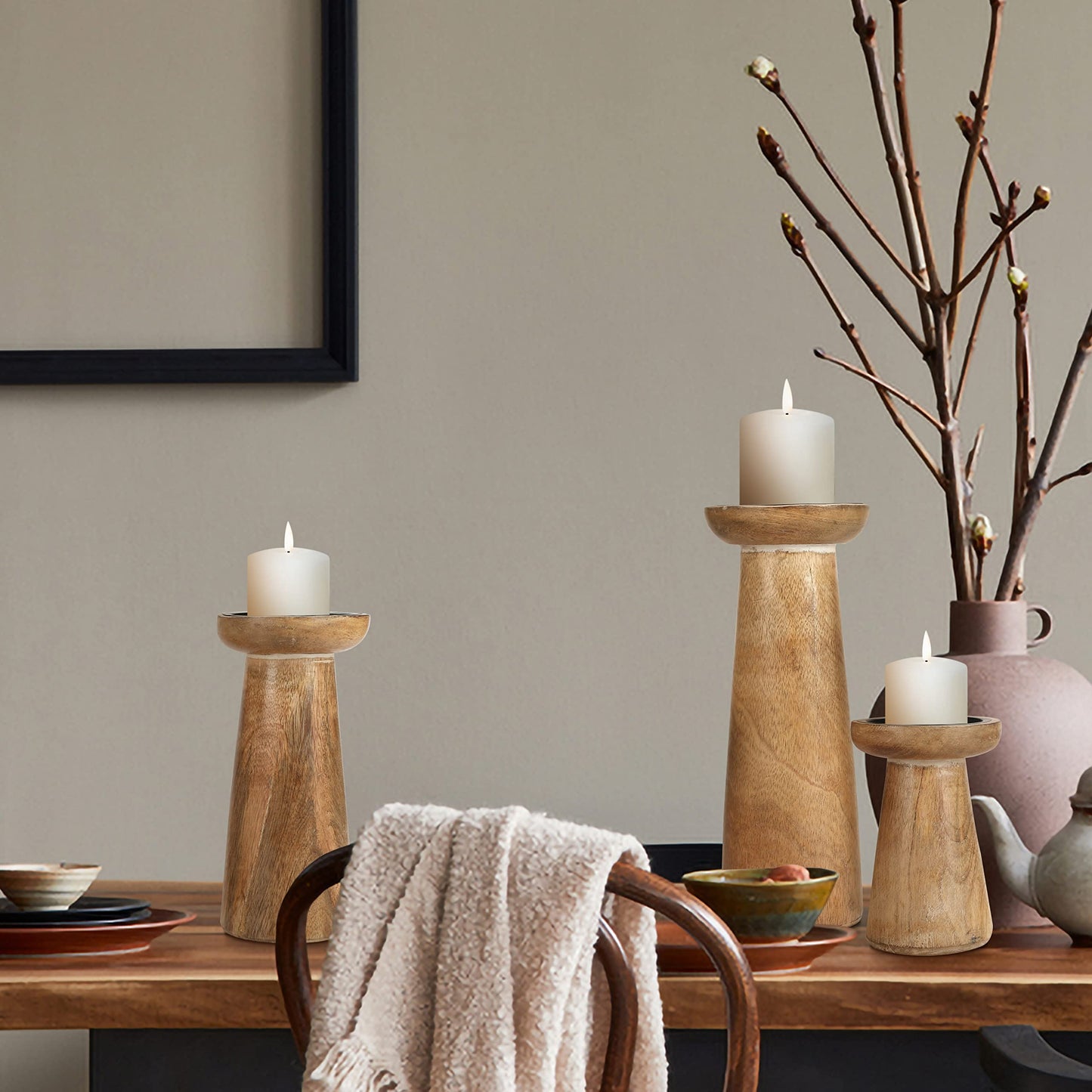 Hand Crafted Wooden Pillar Candle Holder Set of 3, Ideal for LED and Pillar Candle, Gift for Wedding, Christmas, Party, Home, Spa, Reiki, Aromatherapy, Votive Candle Garden - 10,8,6 Inch - White Wash