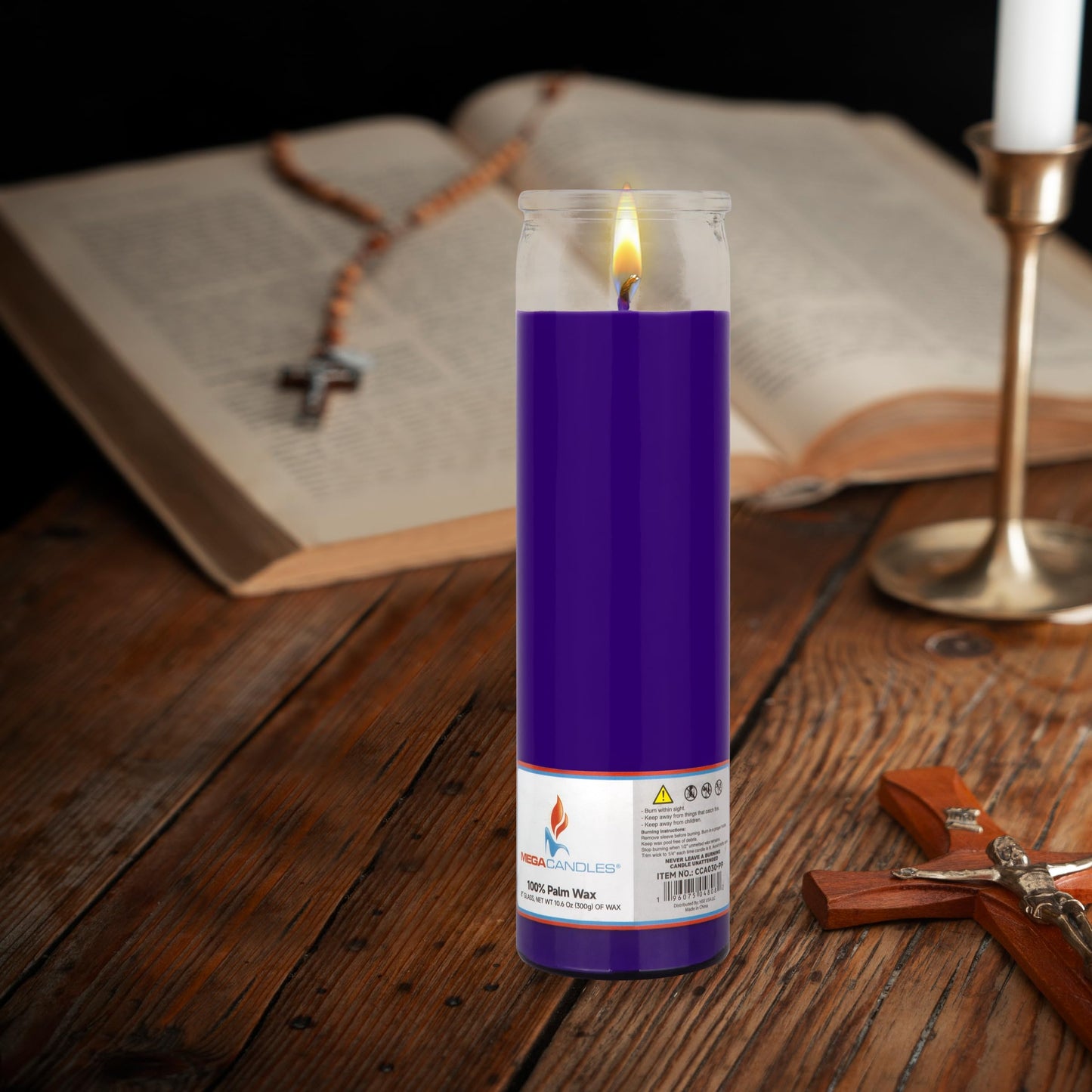 Mega Candles 3 pcs Unscented Purple Glass Container Devotional Prayer Candles, Shortening Wax Candle 2 Inch x 8 Inch, Sanctuary, Vigils, Prayers, Spiritual, Blessings, Religious, Altar, Remembrance