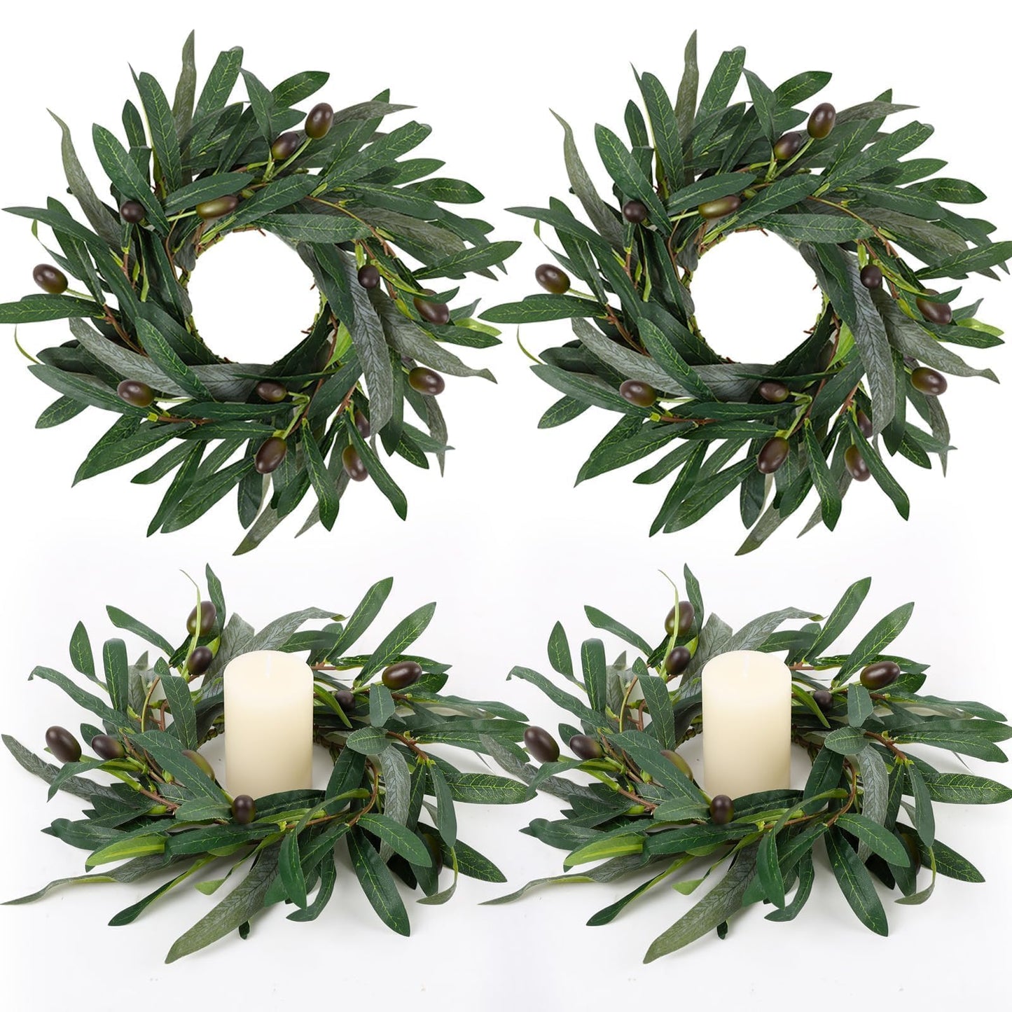 4 Pcs Artificial Green Olive Candle Rings Wreaths Greenery Wreath with Olive Leaves Spring Summer Kitchen Cabinet Wreath for Pillars Farmhouse Festival Wedding Celebrations Tabletop Decoration