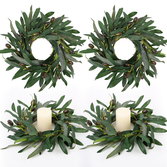 4 Pcs Artificial Green Olive Candle Rings Wreaths Greenery Wreath with Olive Leaves Spring Summer Kitchen Cabinet Wreath for Pillars Farmhouse Festival Wedding Celebrations Tabletop Decoration