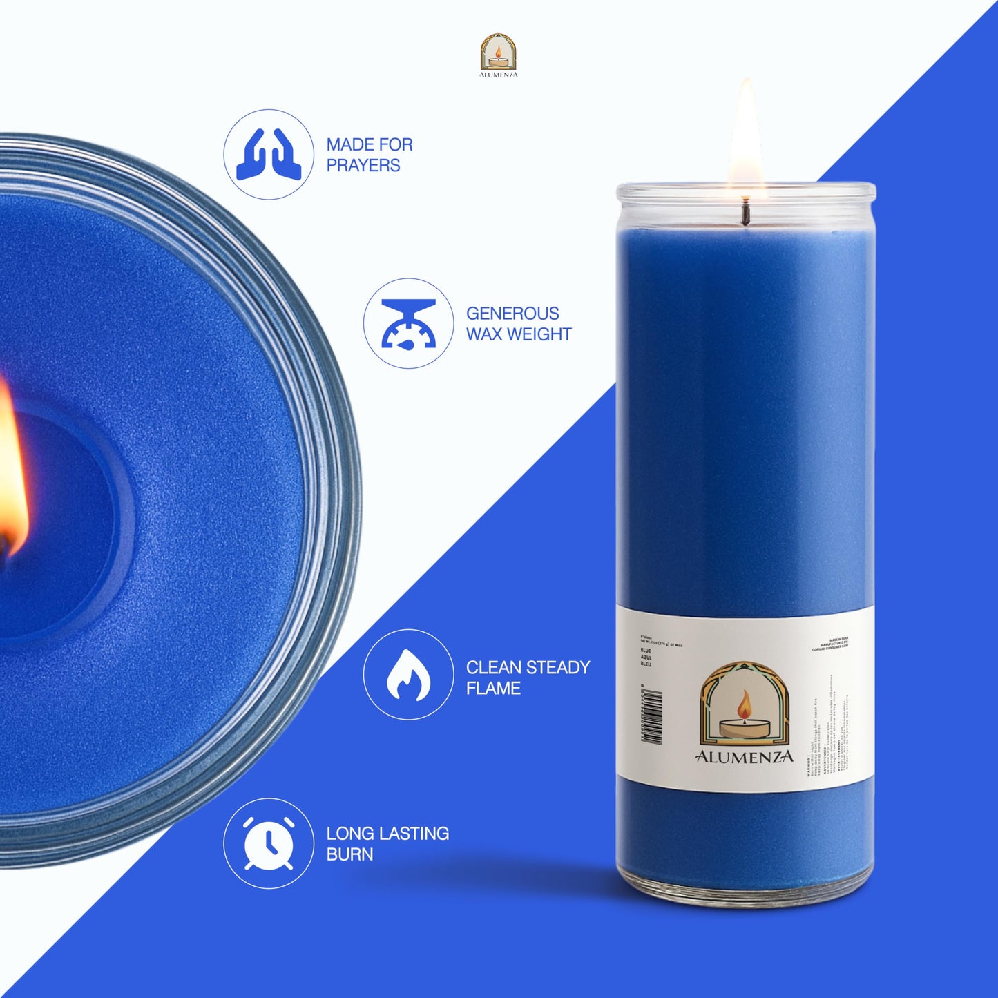 Alumenza Bulk 6 Pack Blue 7 Day Candles in Glass Jar – Paraffin Wax, Clean Burning Unscented | Large & Tall Devotional Prayer Pillar Candles for Home, Memorial, Spells, Long Lasting