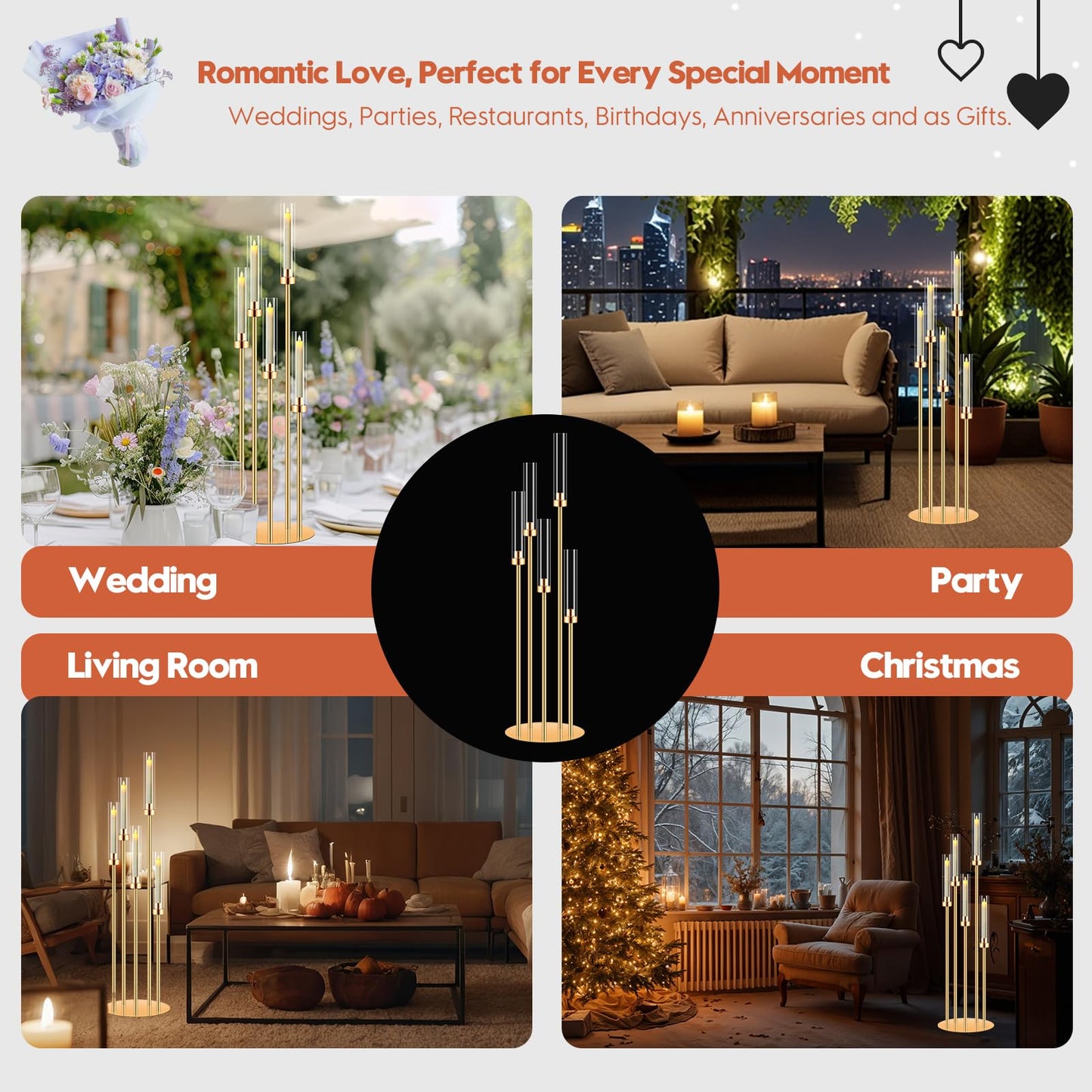 10 Set 5 Arm Gold Candle Holder, Mjkeomo 41.3'' Tall Candelabra Centerpieces for Tables Gold Candlesticks Holder for Housewarming Gift Fireplace Dinner Halloween Christmas Decor Fit 0.82'' LED Candle