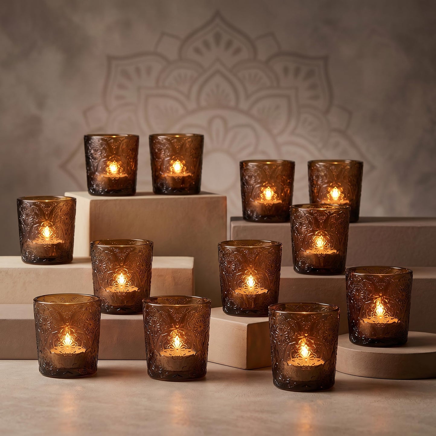12 Pack Mandala Embossed Glass Candle Holders – Votive Tealight Holders with Patent Design, Decorative Embossed Glass Cups for Wedding Centerpieces, Parties, and Home Décor (Chestnut Brown)