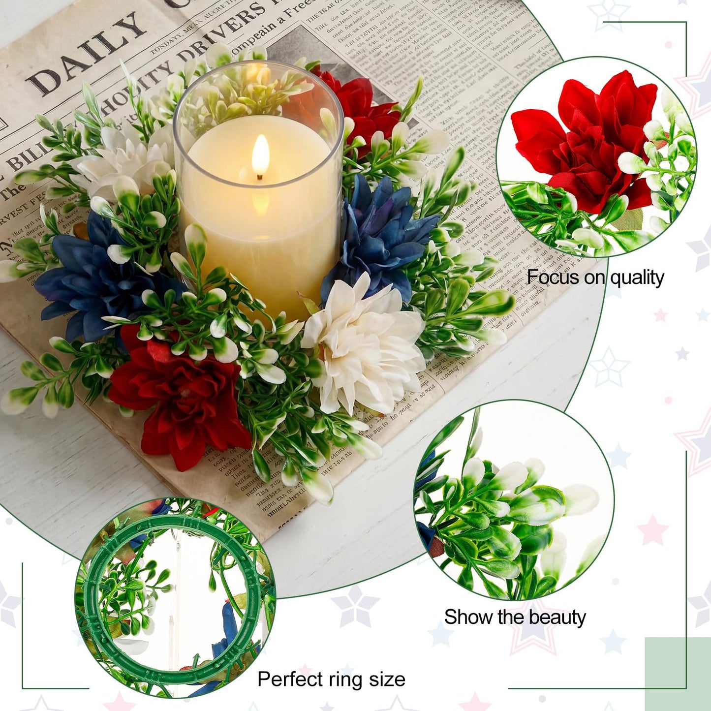Yunlly 4 Pcs Artificial Dahlia Candle Rings Wreaths, Patriotic Red White and Blue Floral Rings Holders with LED Flameless Candles for 4th of July Independence Day Memorial Day Table Centerpiece