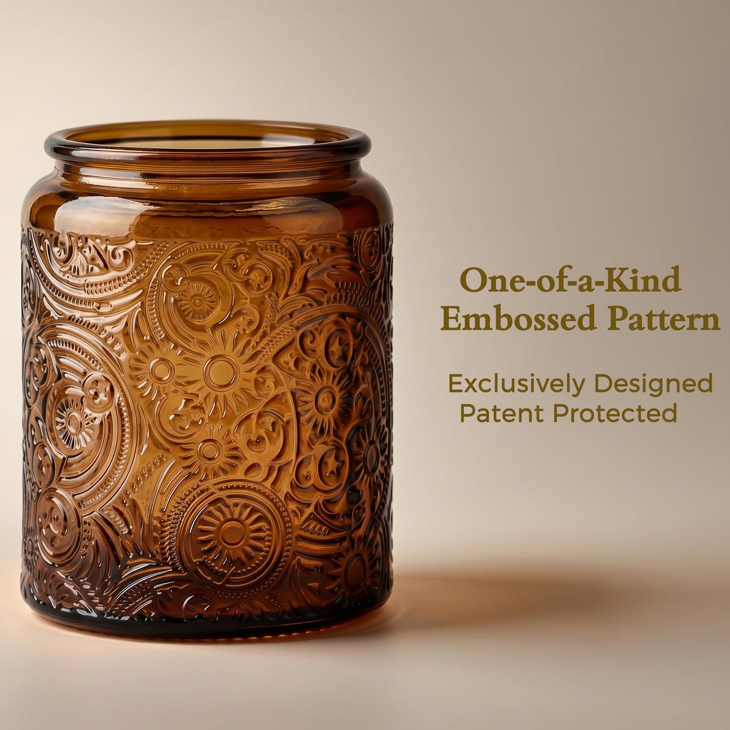 9-Pack 8oz Embossed Glass Candle Container with Bamboo Lids and Labels, Amber Candle Jars for Making Candles, Sun Moon Star Design