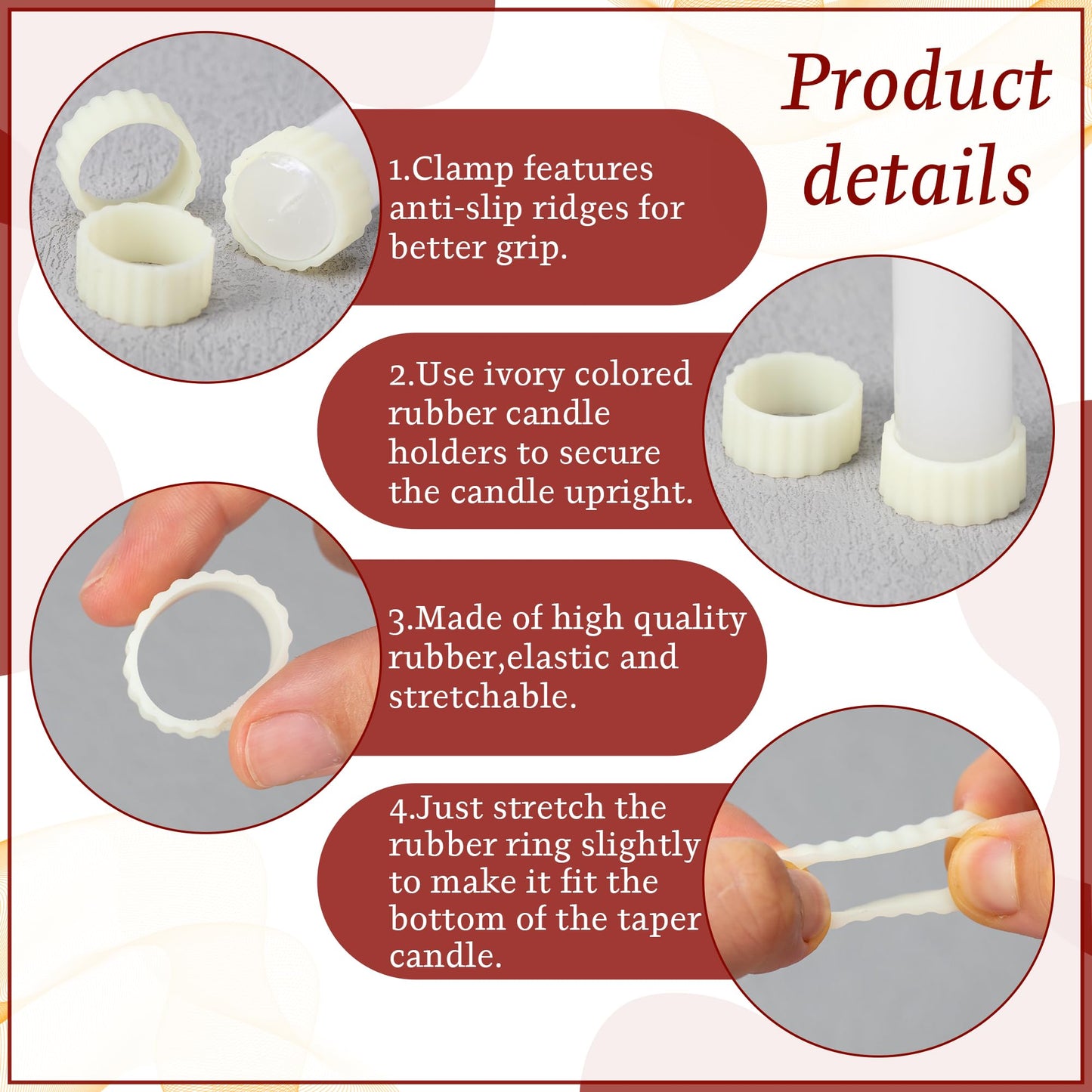 Funria 12pcs Silicone Rubber Candle Grippers - Non-Slip Adapter Hugger Rings for Taper Candles, Holders & Cups, Drip Protector to Keep Bougie Upright for Tapers and Candles