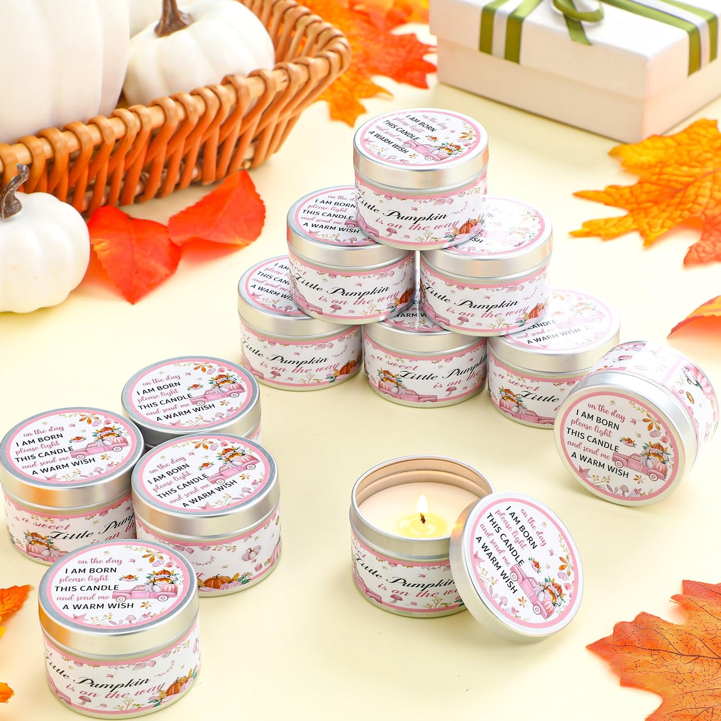 MTLEE 24 Pcs Thanksgiving Little Pumpkin Baby Shower Party Favors Candles Lavender Scented Baby Shower Favors for Guests Rustic Tealights Candles Gender Reveal Return Gifts (Pink, 1.2 Oz)